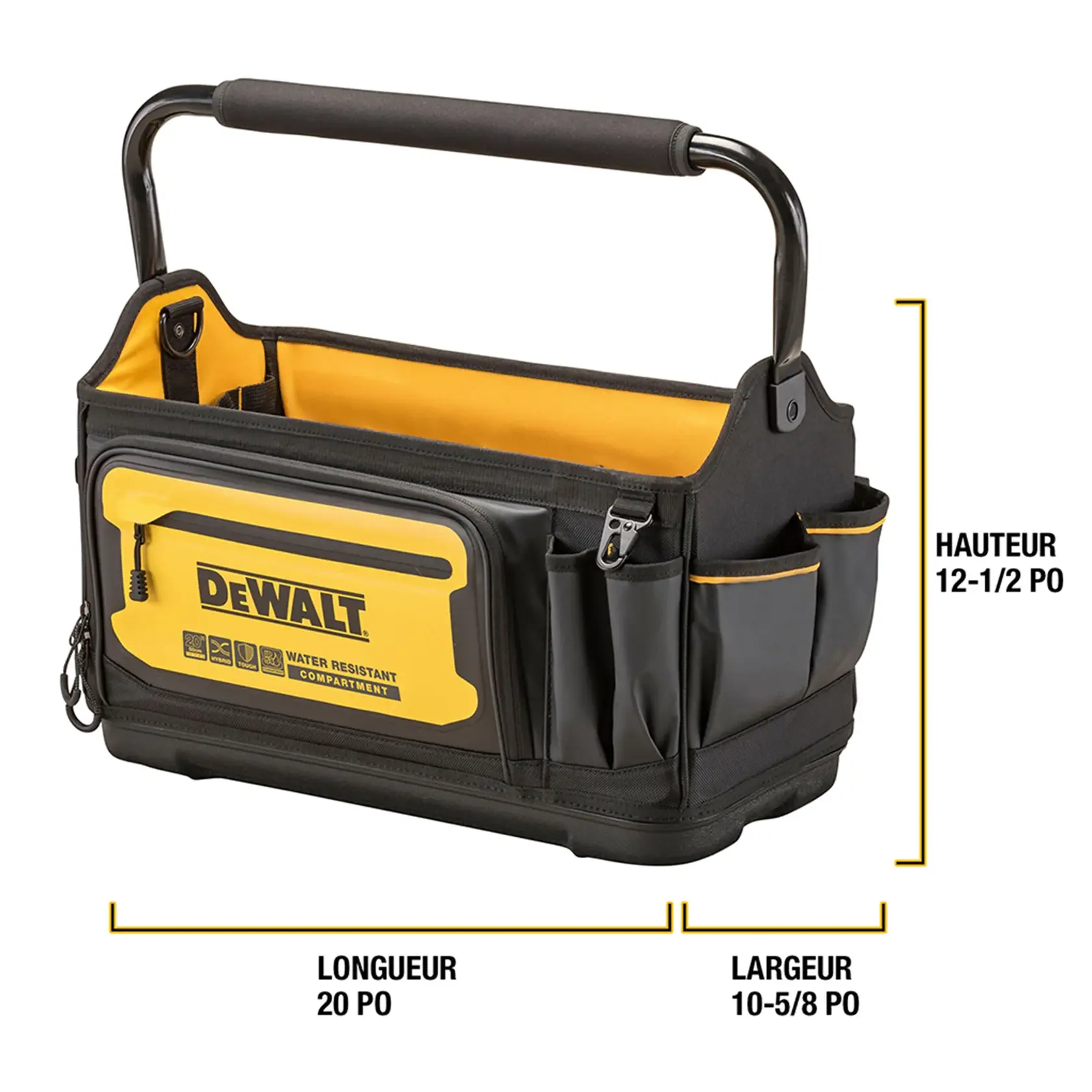 DEWALT tool bag with a sturdy metal handle, black and yellow color scheme, multiple external pockets, and a water-resistant compartment. Dimensions are labeled as 20 inches long, 10 5/8 inches wide, and 12 1/2 inches high.