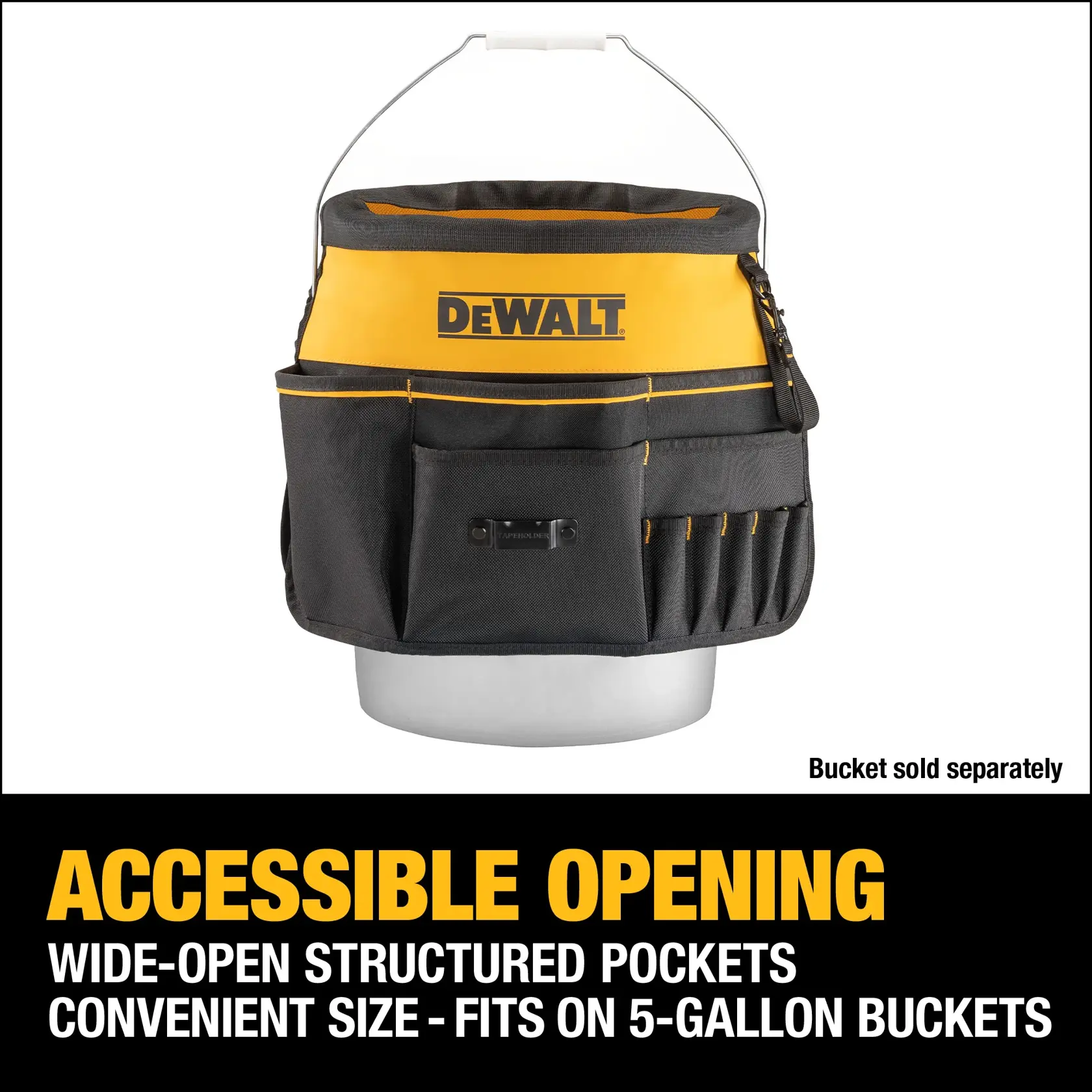 A DEWALT tool organizer with wide-open structured pockets, convenient size shown fitted on a 5-gallon bucket. The bucket is sold separately. The organizer features black and yellow color with multiple pockets for tools and accessories.