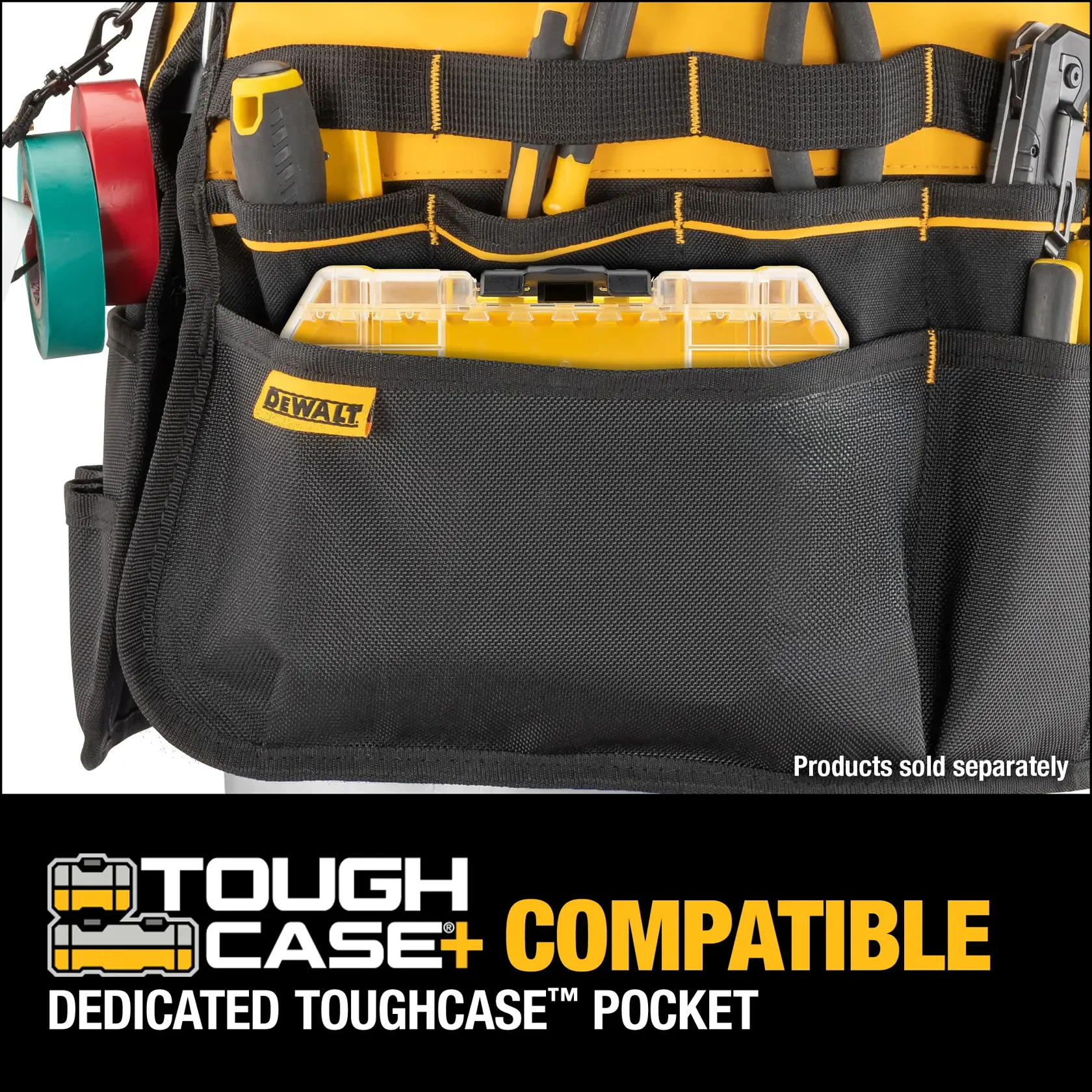 Close-up image of a DEWALT tool bag with multiple pockets, holding various tools and a DEWALT ToughCase. Text at the bottom reads 'TOUGH CASE+ COMPATIBLE DEDICATED TOUGHCASE POCKET' with an icon of a tool case. Note indicates products are sold separately.