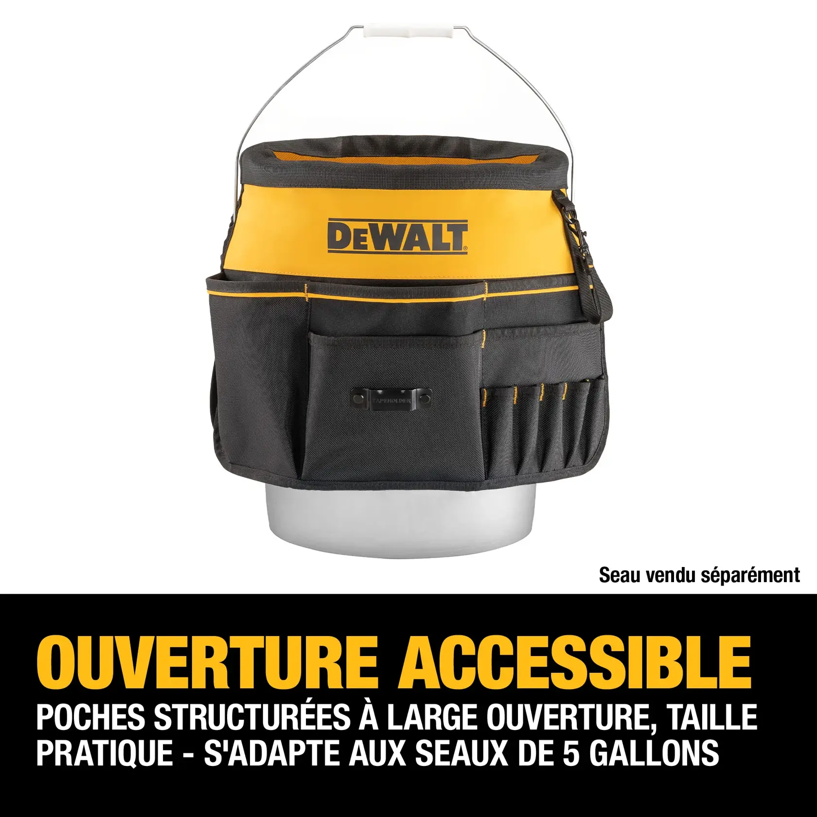 DEWALT branded tool storage pouch with labels highlighting features such as accessible opening, hi-vis design, optimized organization, tape chain, accessory storage, durable material construction, and drill bit compartments.