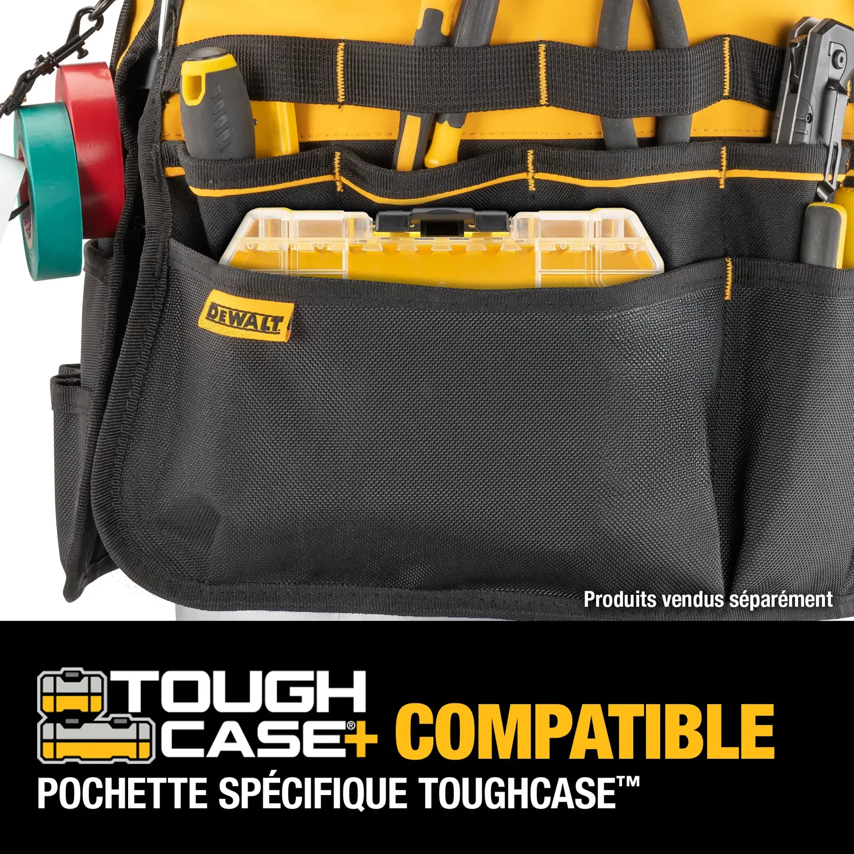 A DEWALT tool organizer with wide-open structured pockets, convenient size shown fitted on a 5-gallon bucket. The bucket is sold separately. The organizer features black and yellow color with multiple pockets for tools and accessories.