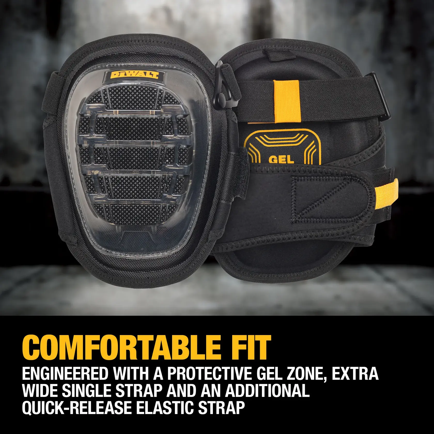 A pair of DEWALT knee pads featuring a protective gel zone, extra wide single strap, and an additional quick-release elastic strap for a comfortable fit. The knee pads are black with clear and yellow accents. Display text highlights comfort and features.