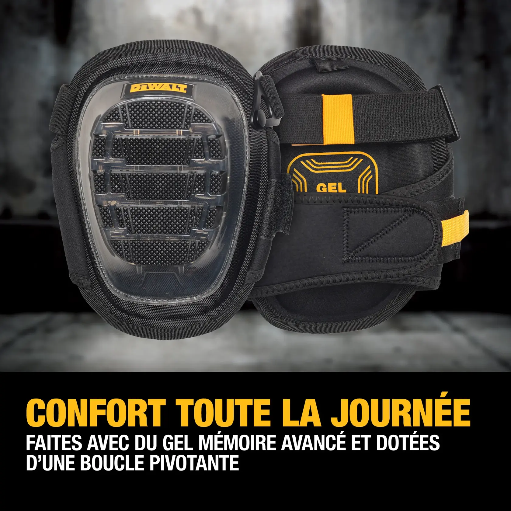 A pair of DEWALT knee pads featuring a protective gel zone, extra wide single strap, and an additional quick-release elastic strap for a comfortable fit. The knee pads are black with clear and yellow accents. Display text highlights comfort and features.