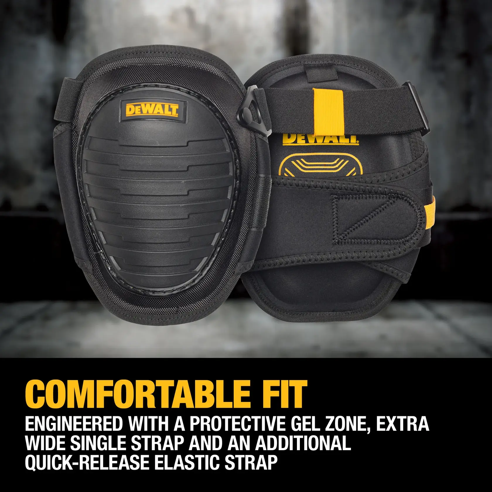 A pair of DEWALT knee pads with a hard black outer shell and adjustable straps. The knee pads are designed for comfort, featuring a protective gel zone, a wide single strap, and an additional quick-release elastic strap.