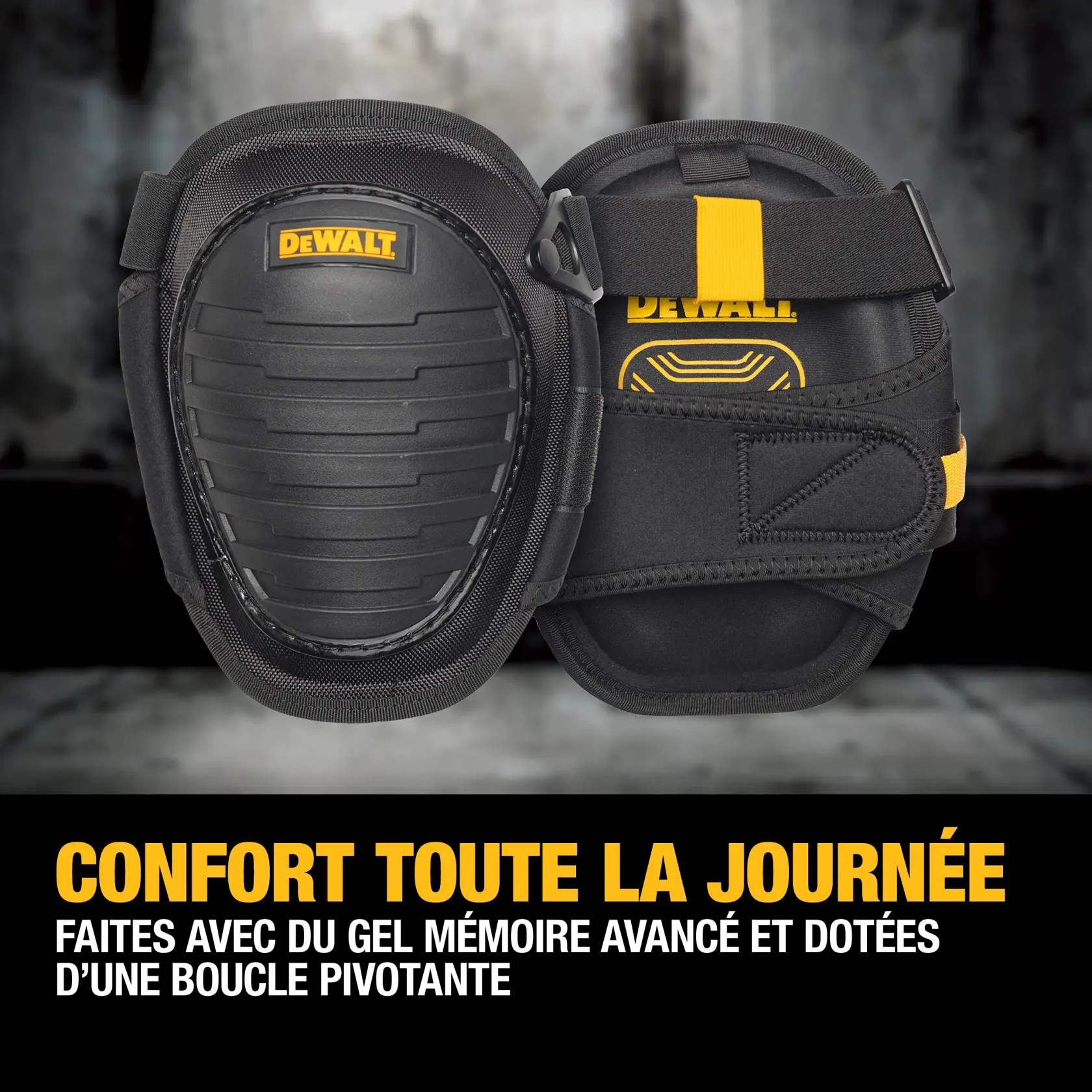 A pair of DEWALT knee pads with a hard black outer shell and adjustable straps. The knee pads are designed for comfort, featuring a protective gel zone, a wide single strap, and an additional quick-release elastic strap.
