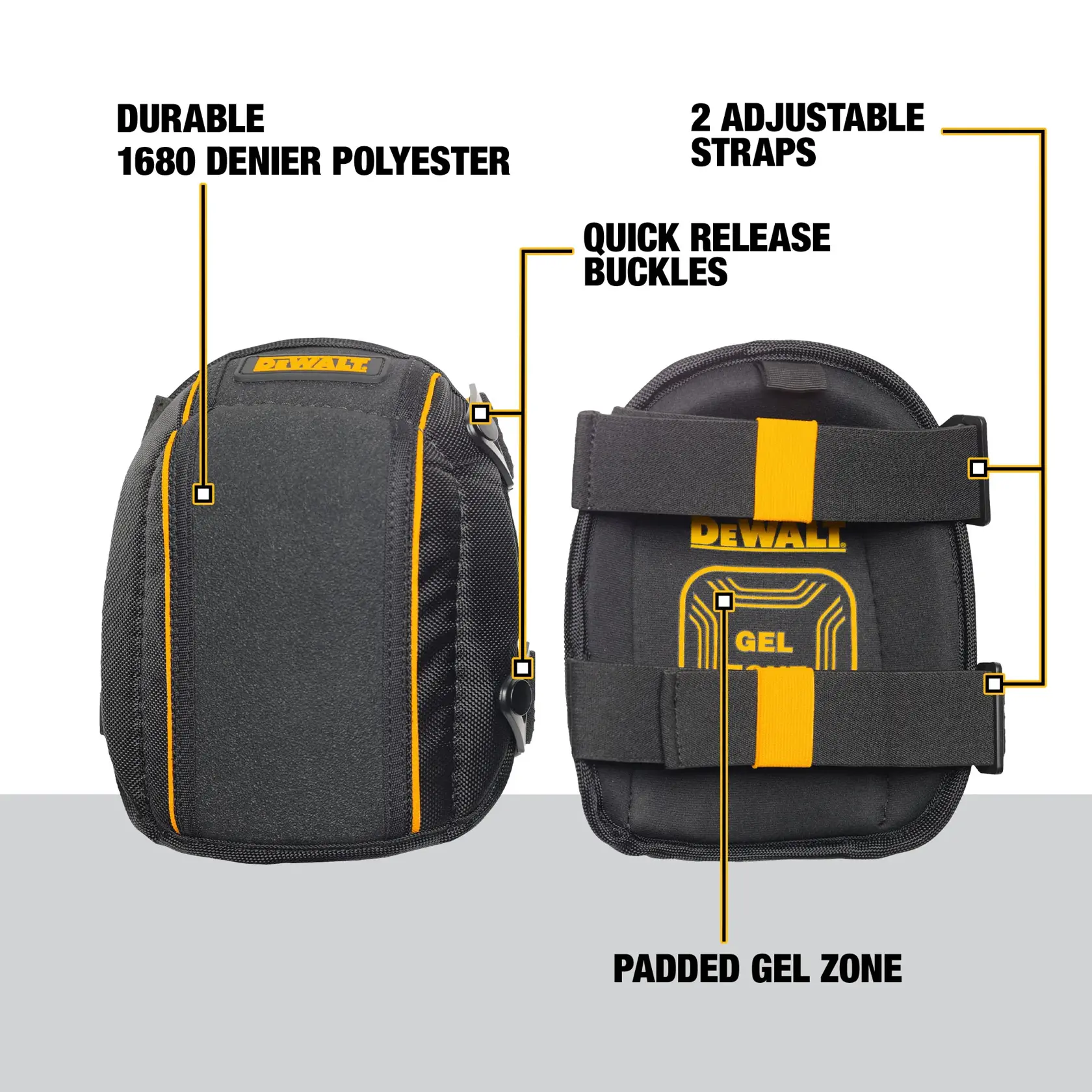 DEWALT kneepads made from durable 1680 denier polyester, featuring two adjustable straps with quick release buckles, and a padded gel zone for extra comfort.