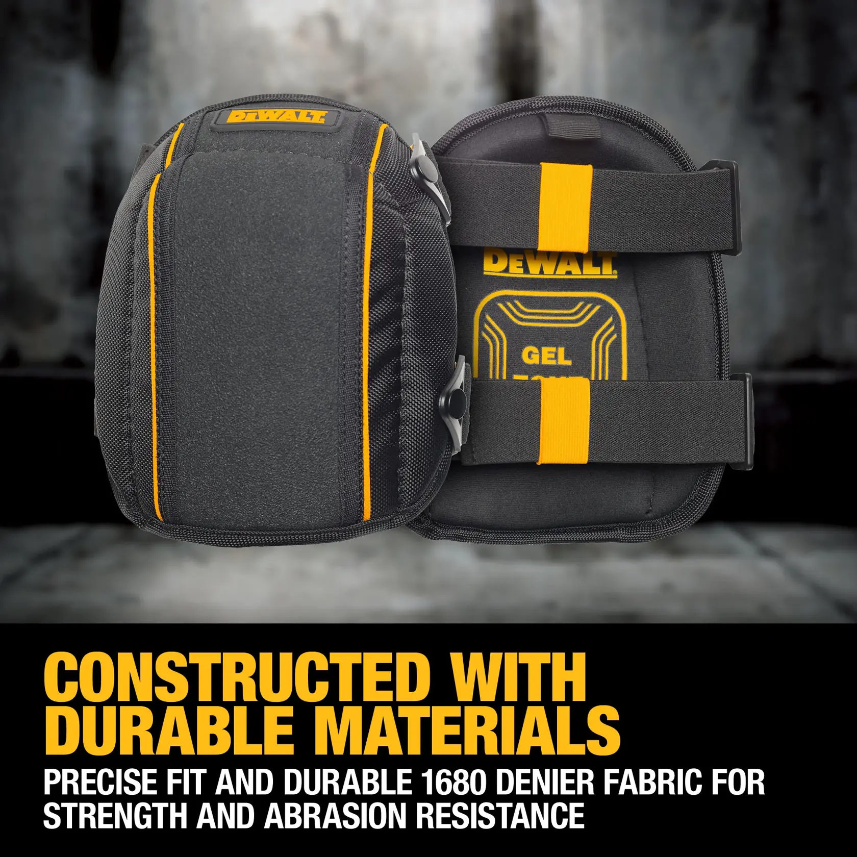 A pair of DEWALT gel knee pads made with durable black fabric and yellow accents, featuring thick straps at the back and described as constructed with durable 1680 denier materials for strength and abrasion resistance.