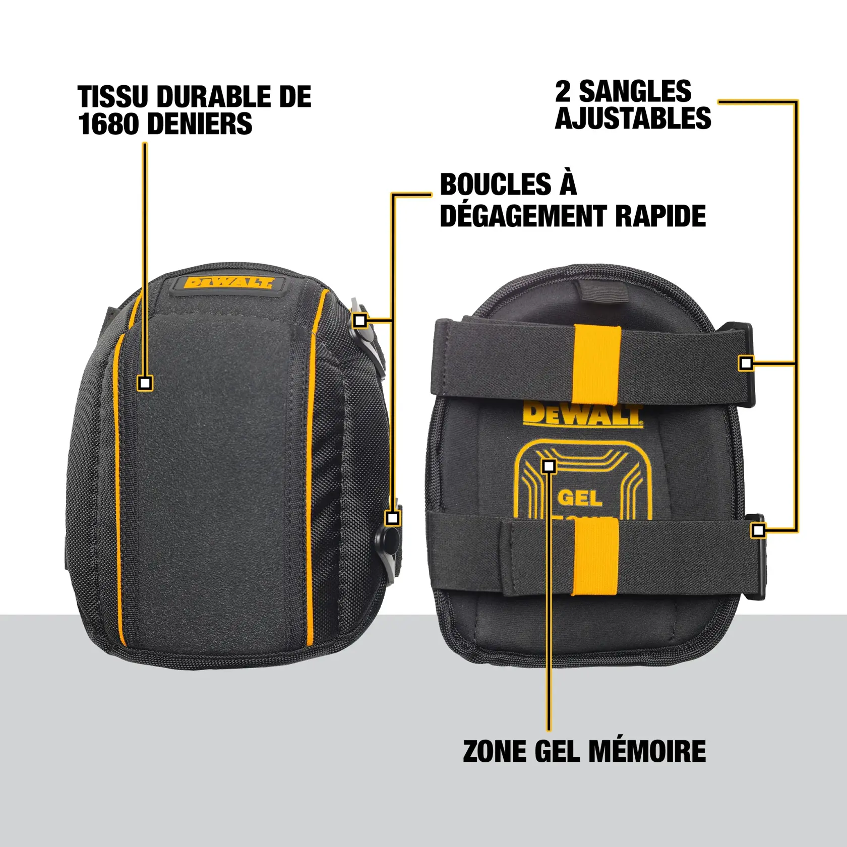 DEWALT kneepads made from durable 1680 denier polyester, featuring two adjustable straps with quick release buckles, and a padded gel zone for extra comfort.