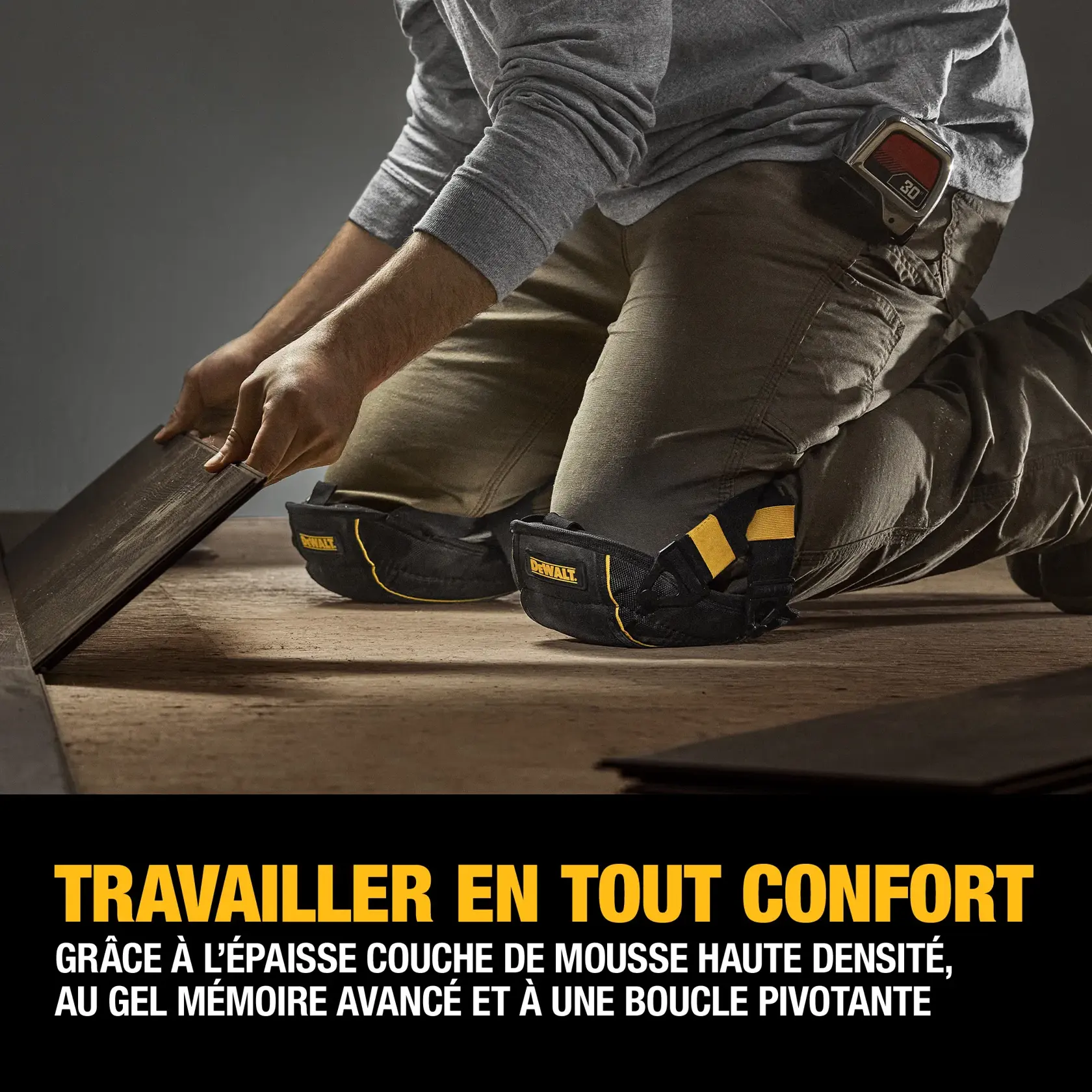 A person is kneeling on the floor while installing wooden planks, wearing DEWALT branded knee pads. Text on the image highlights comfort features: high-density foam, a protective gel zone, and swiveling buckles.
