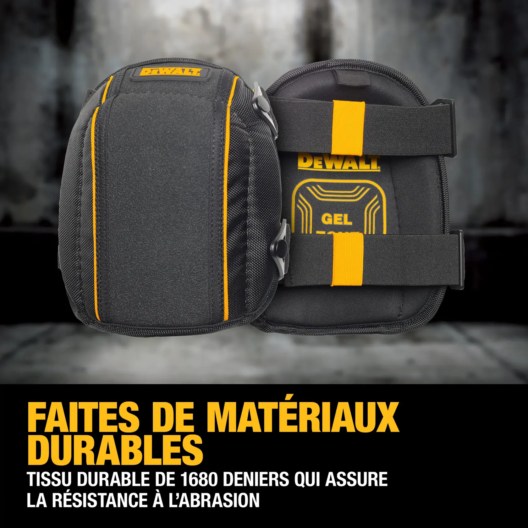 A pair of DEWALT gel knee pads made with durable black fabric and yellow accents, featuring thick straps at the back and described as constructed with durable 1680 denier materials for strength and abrasion resistance.