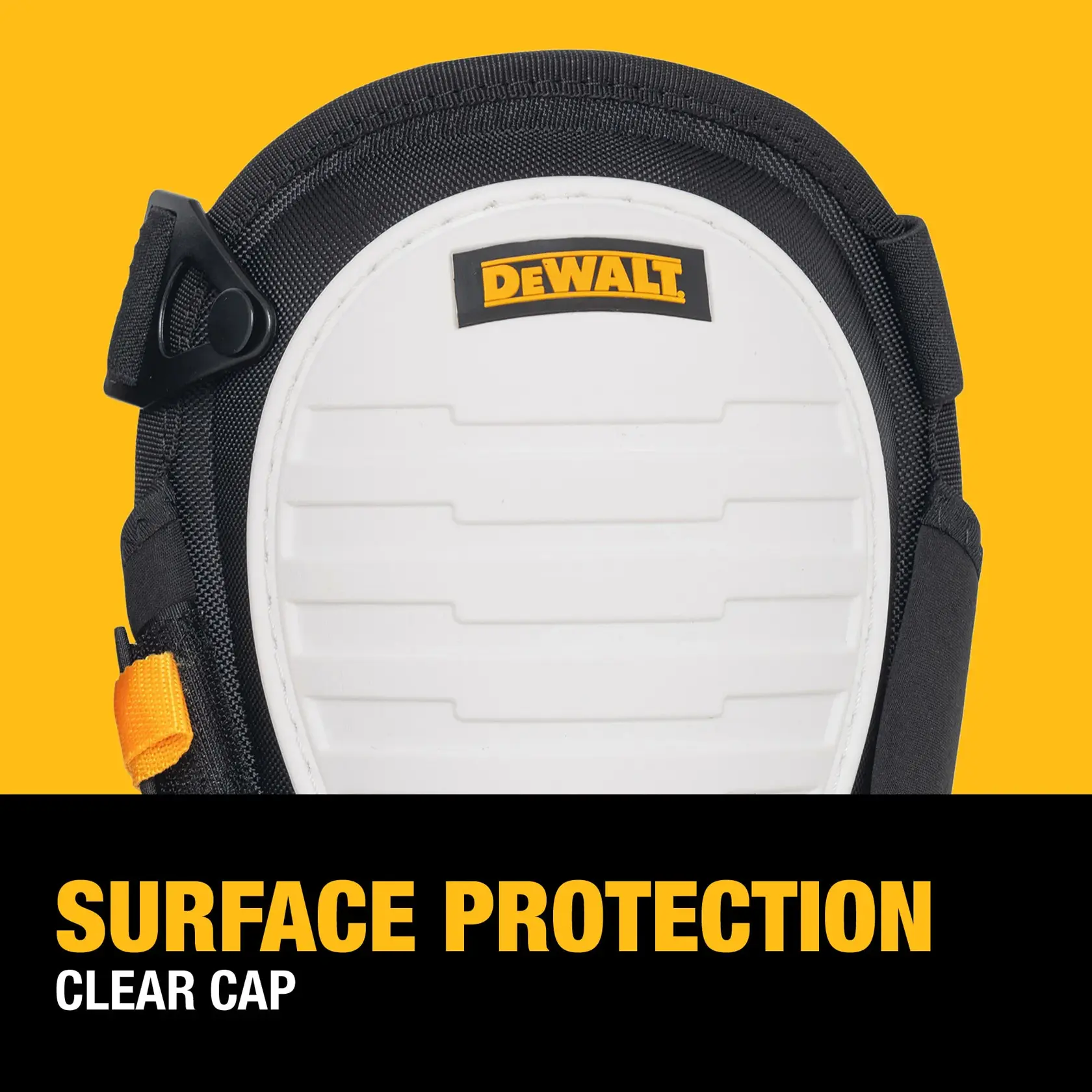 Close-up of a DEWALT knee pad with a clear cap, featuring text 'Surface Protection - Clear Cap' on a yellow and black background.