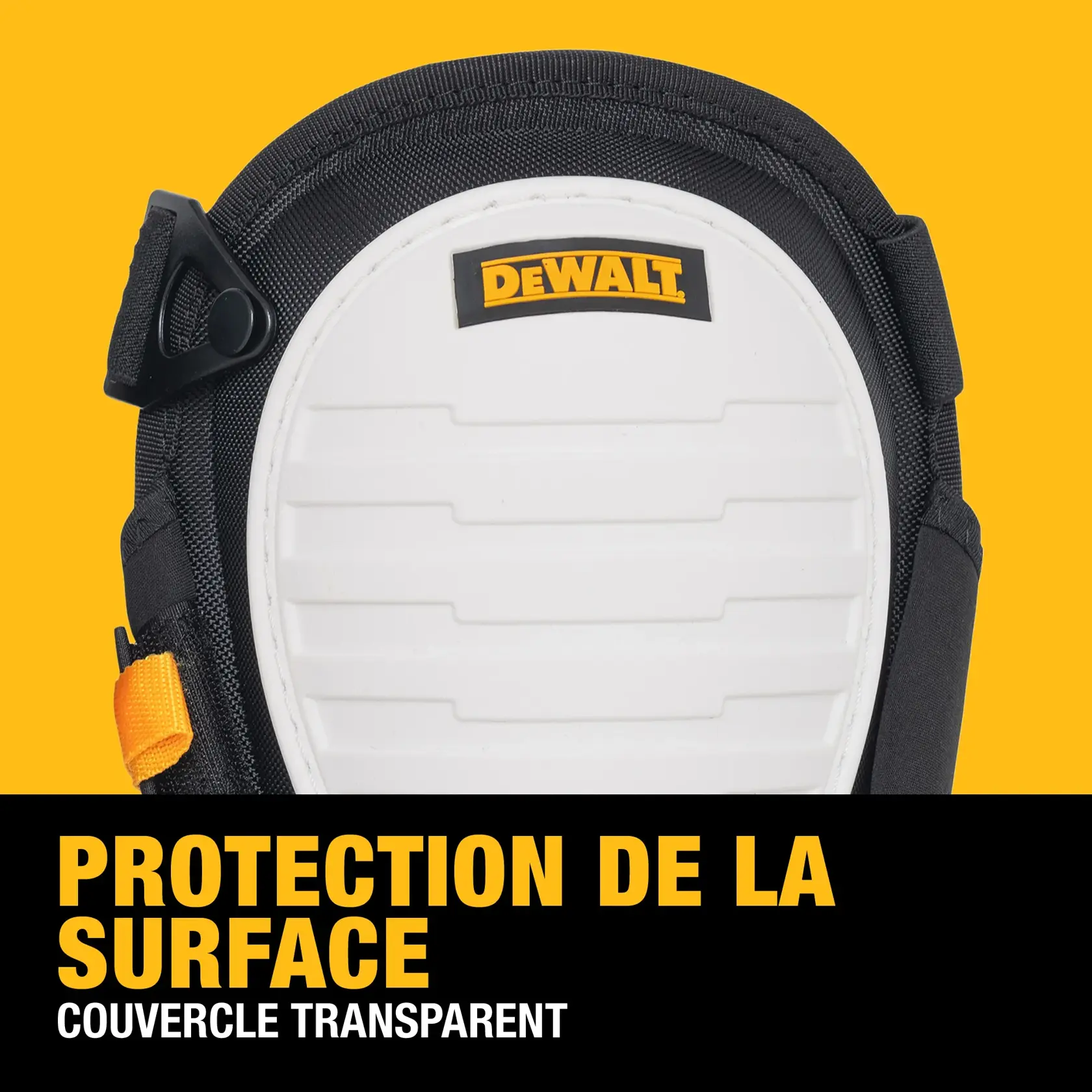 Close-up of a DEWALT knee pad with a clear cap, featuring text 'Surface Protection - Clear Cap' on a yellow and black background.