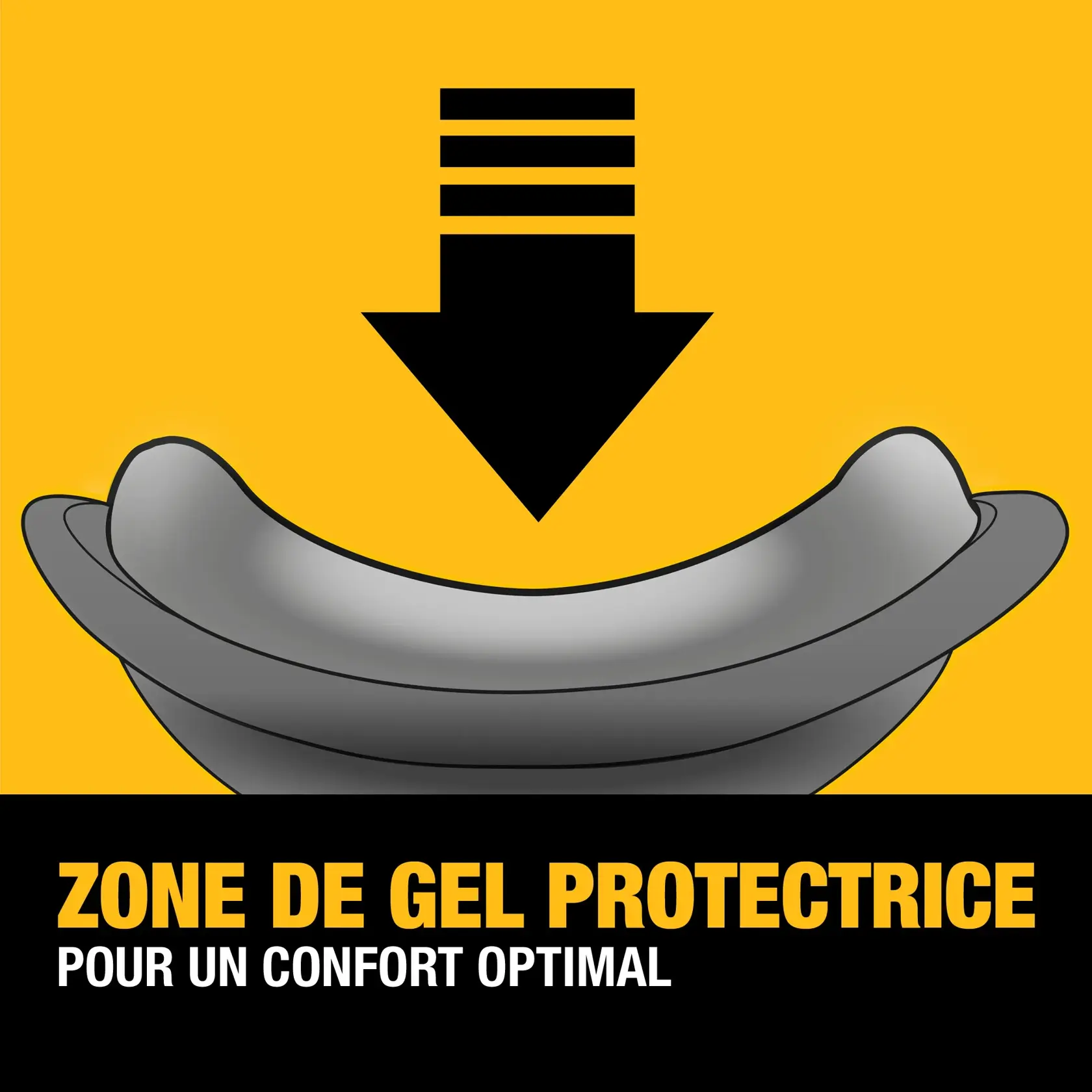 Illustration showing a protective gel zone for a comfortable fit, featuring a gel pad with a large black downward arrow on a yellow background and the text 'PROTECTIVE GEL ZONE FOR COMFORTSBLE FIT.'