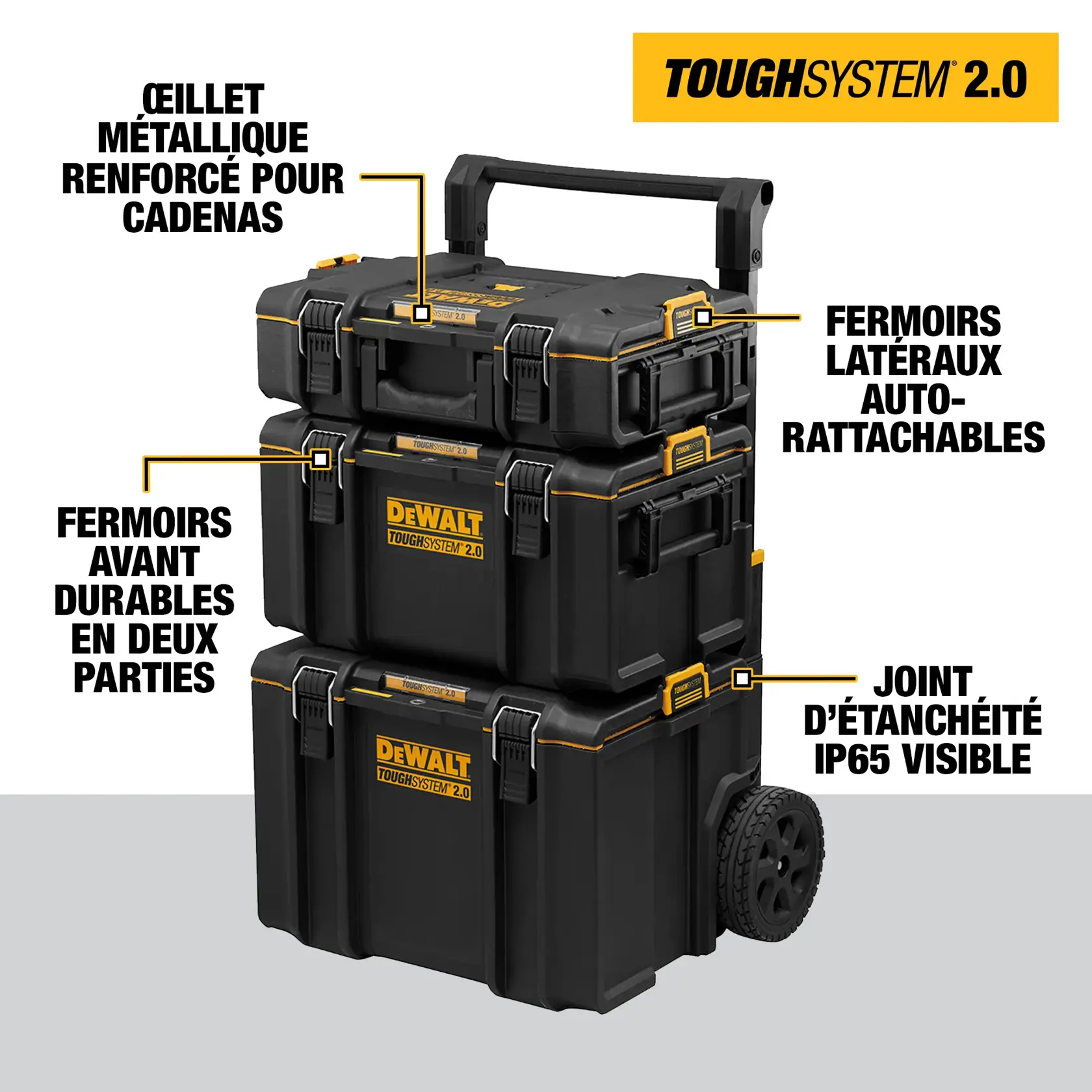 Stack of three DEWALT TOUGHSYSTEM 2.0 modular toolboxes on a wheeled trolley, featuring metal reinforced padlock eye, two-piece front latches, patented auto-connect side latches, and visible IP65 waterseal.