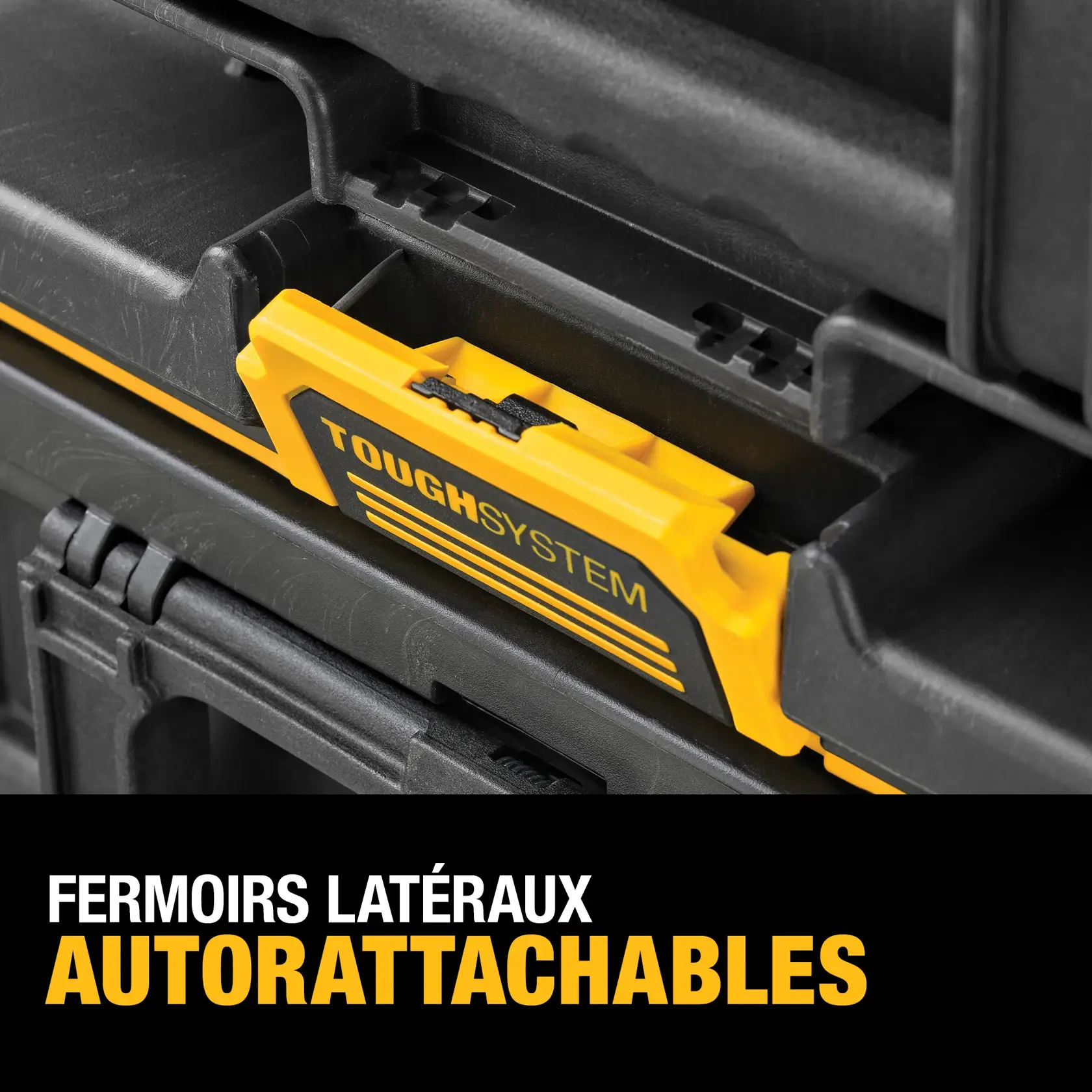 A close-up of a hand opening the durable two-piece front latches on a DEWALT ToughSystem toolbox. The toolbox has a rugged black and yellow design and features the DEWALT logo.
