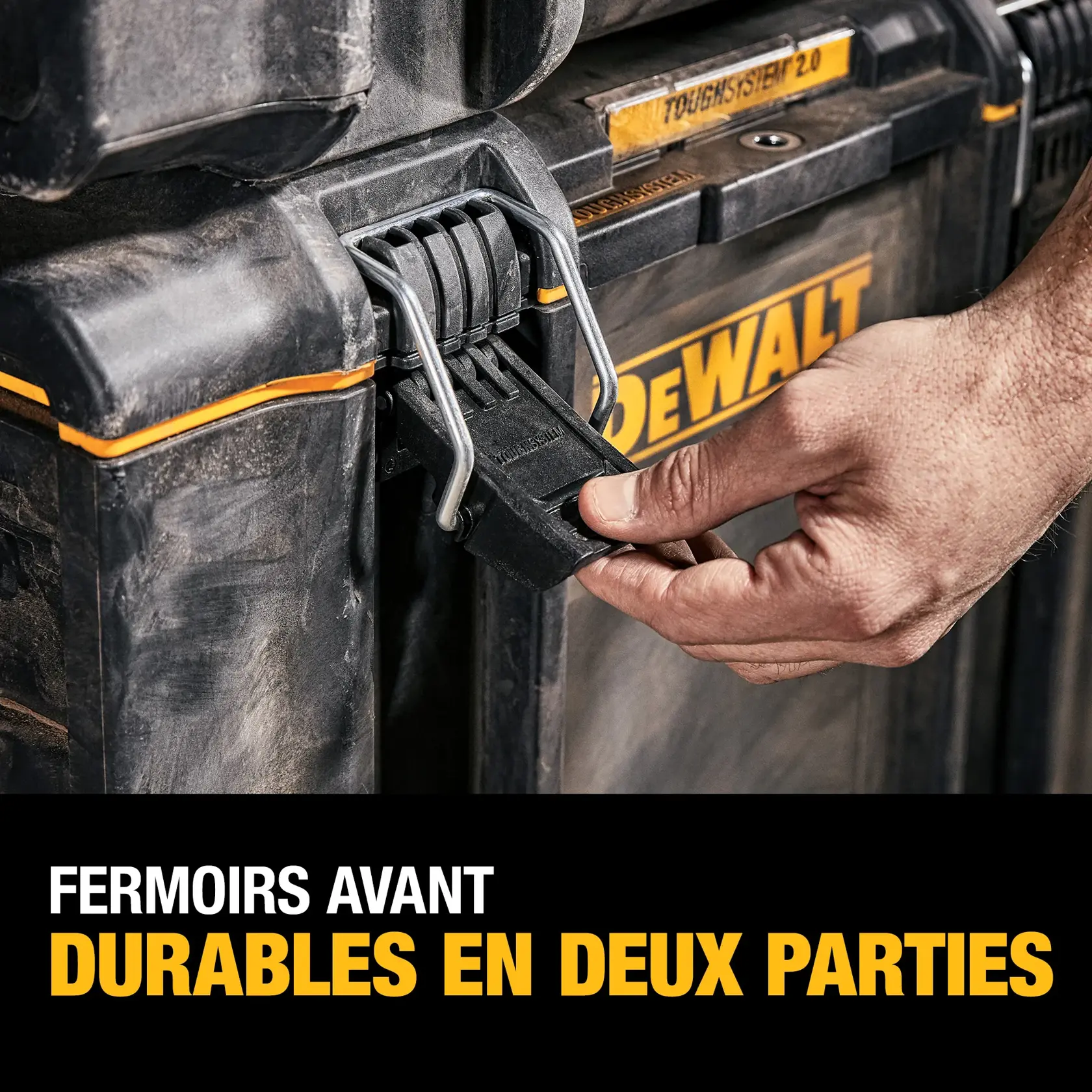 A DEWALT ToughSystem 2.0 storage box covered in mud and water, shown in rugged outdoor conditions. The text highlights dust and water protection, rated IP65.