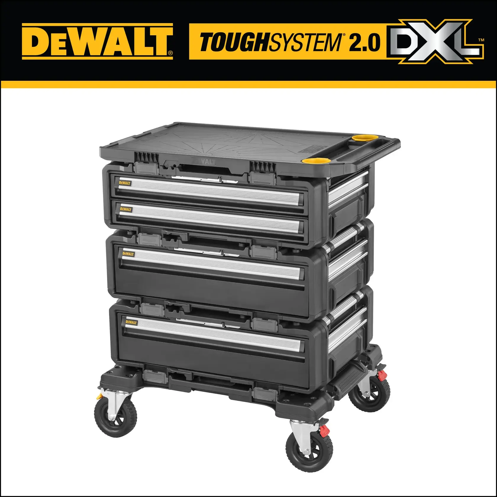 A DEWALT ToughSystem 2.0 DXL mobile tool storage unit featuring three stackable drawers with metal handles, mounted on four wheels for portability. The unit is black with yellow accents and has the DEWALT logo at the top of the image.