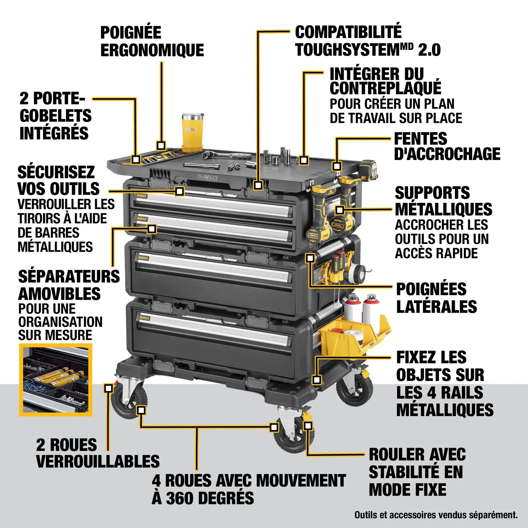 A DEWALT ToughSystem 2.0 DXL mobile tool storage unit featuring three stackable drawers with metal handles, mounted on four wheels for portability. The unit is black with yellow accents and has the DEWALT logo at the top of the image.