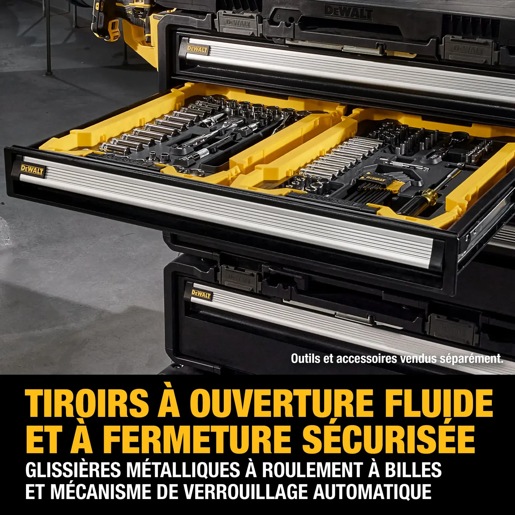 A DEWALT tool storage box with a custom internal divider, containing various yellow and black power tools. Text on the image says 'Optimize Organization: Custom Internal Storage.' Tools and accessories are sold separately.
