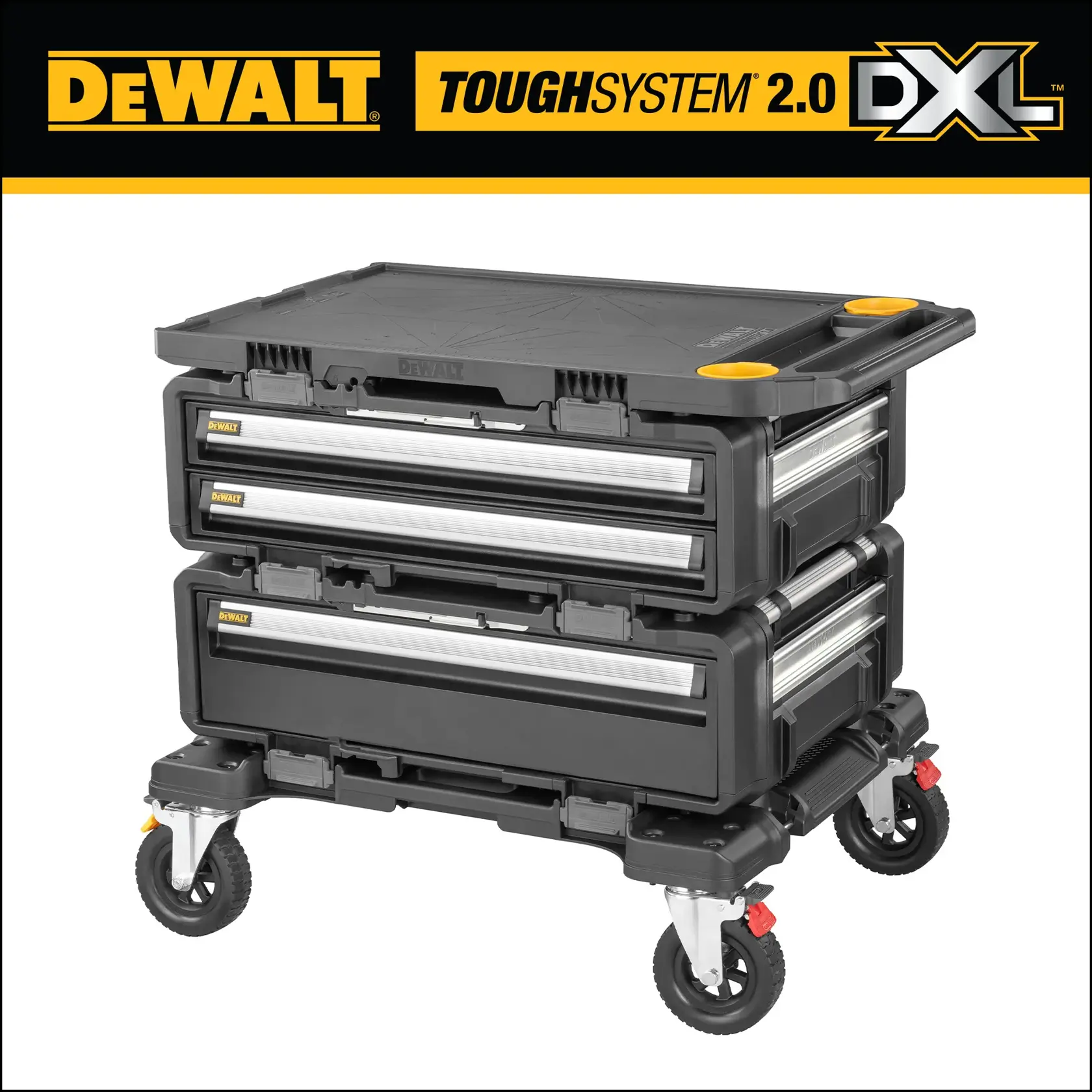 DEWALT ToughSystem 2.0 DXL modular tool storage unit with two stacked drawer compartments and four wheeled casters, designed for heavy-duty jobsite use.