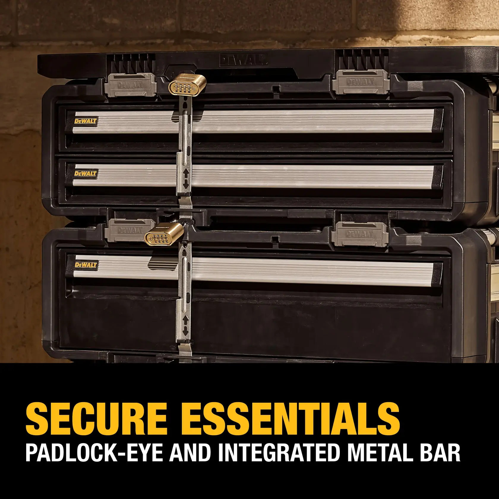 DEWALT stackable storage drawers secured with padlocks and integrated metal bars, shown against a warehouse wall. Text reads: 'Secure essentials. Padlock-eye and integrated metal bar.'