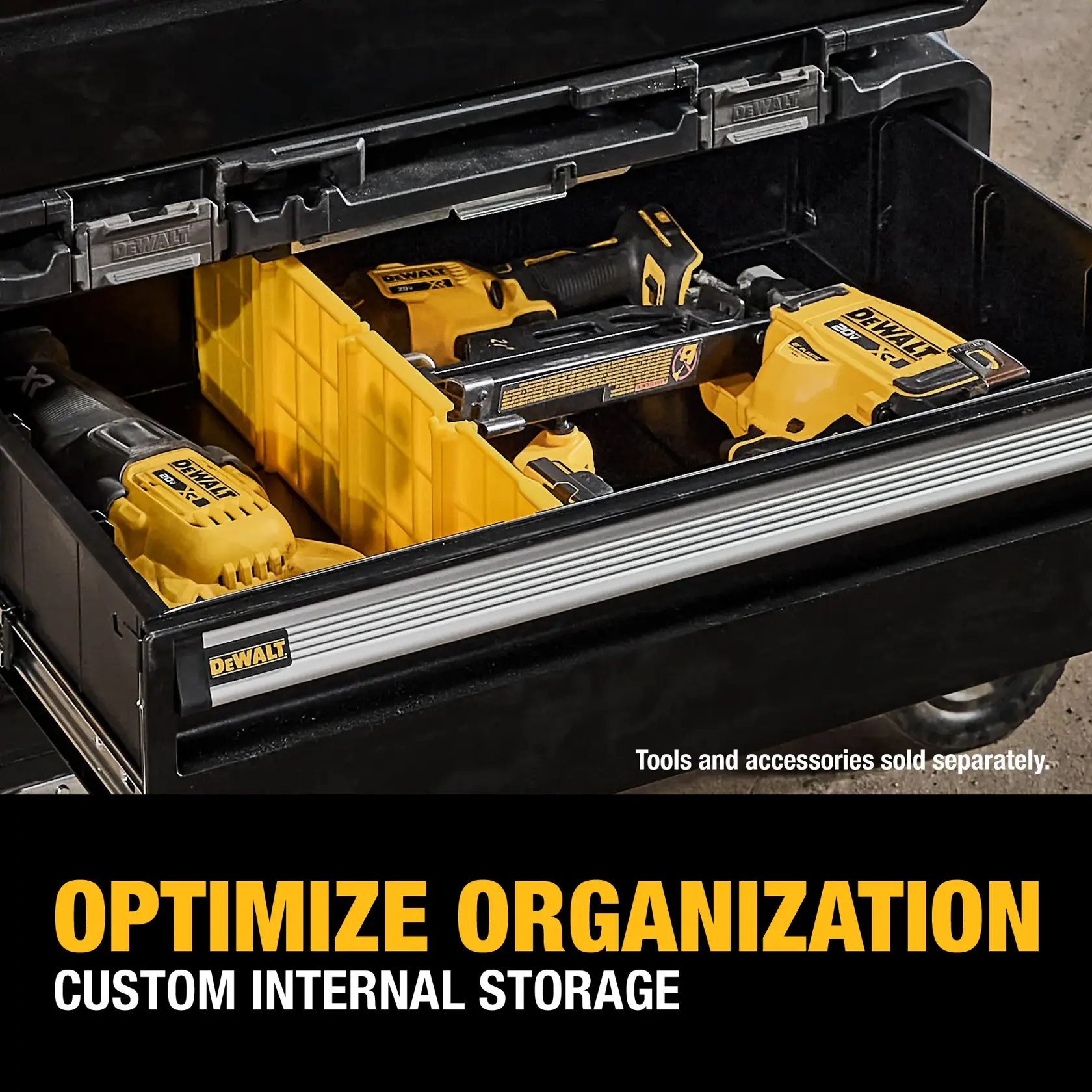 A DEWALT black toolbox with an open drawer showing custom internal storage dividers holding yellow DEWALT power tools. The text on the image reads, 'Optimize Organization. Custom Internal Storage.'