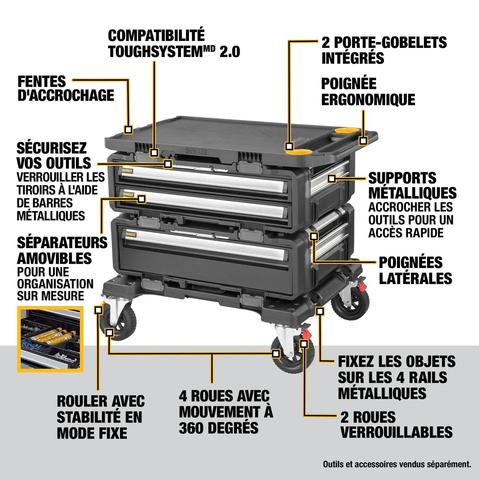 DEWALT ToughSystem 2.0 DXL modular tool storage unit with two stacked drawer compartments and four wheeled casters, designed for heavy-duty jobsite use.