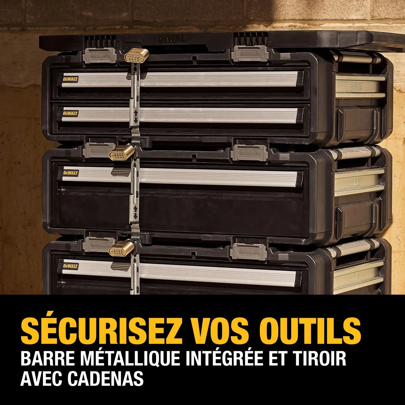 Image of a DEWALT DWST60520 ToughSystem 2.0 compatible rolling tool chest. Features highlighted include: hanging slots, secure essentials with lockable drawers using metal bars, removable dividers for custom organization, two integrated cup holders, ergonomically-designed handle, metal racks for hanging tools, side carry handles, roll steady in fixed mode, four wheels with 360-degree movement, attachment essentials with four metal rail inserts, and two locking wheels. Tools and accessories are sold separately.
