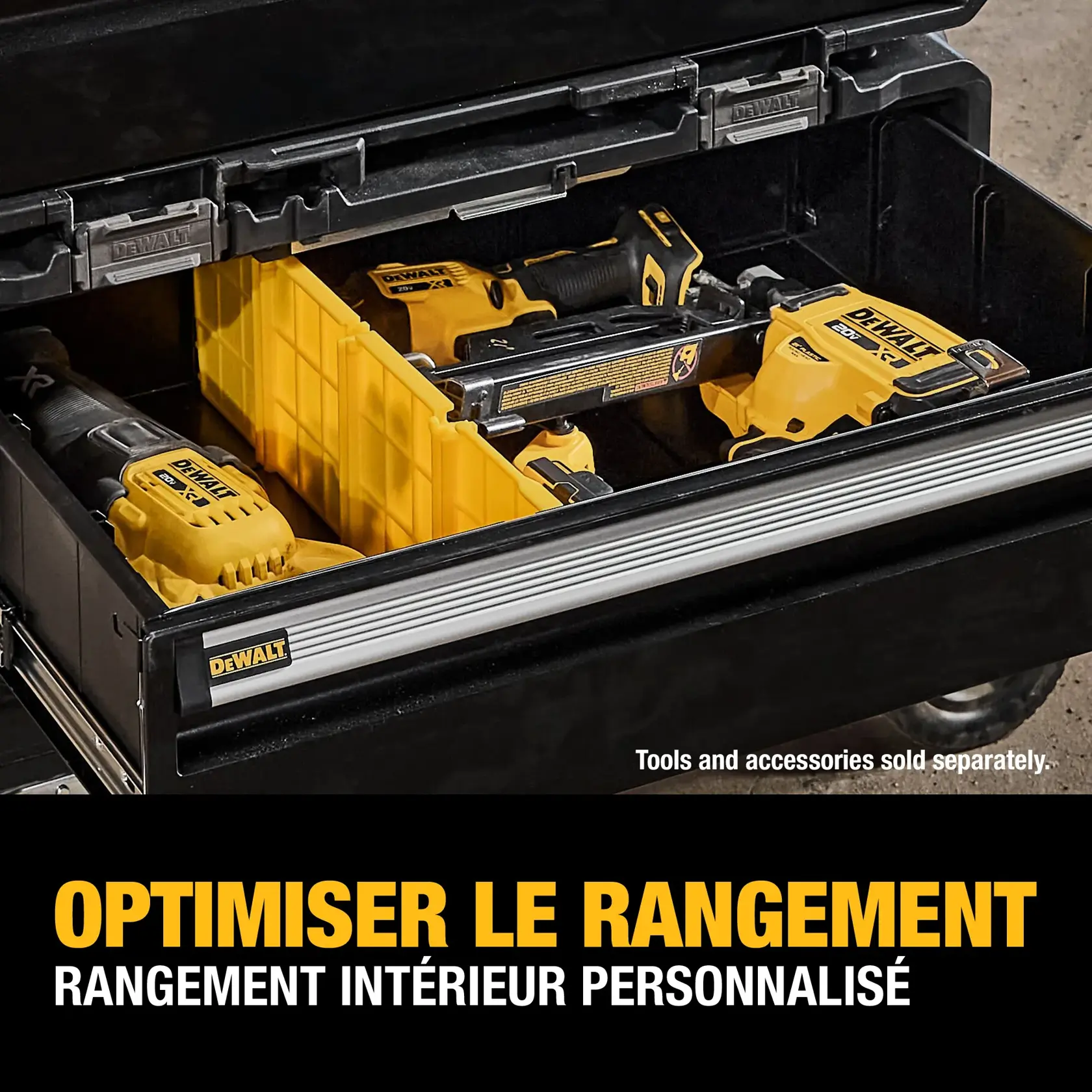 DEWALT stackable storage drawers secured with padlocks and integrated metal bars, shown against a warehouse wall. Text reads: 'Secure essentials. Padlock-eye and integrated metal bar.'