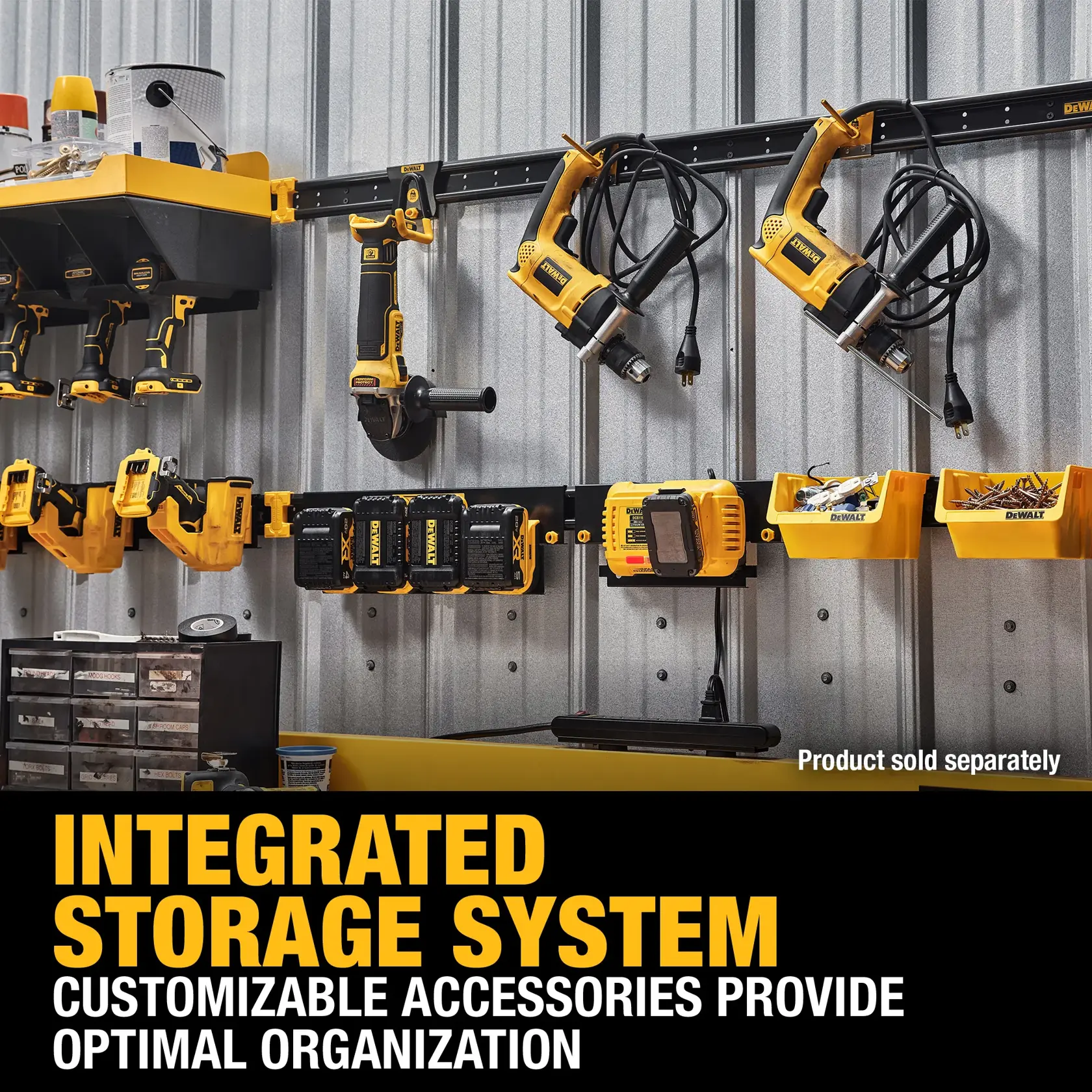 A DEWALT integrated storage system mounted on a metal wall, displaying various yellow and black power tools, batteries, chargers, and storage bins. The customizable accessories allow for organized storage of equipment and parts. The text highlights optimal organization and notes that products are sold separately.