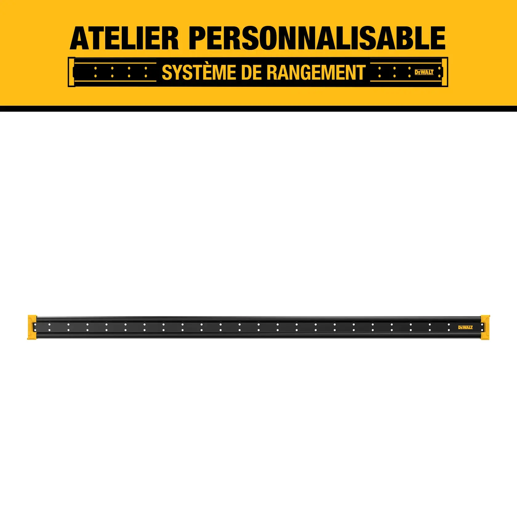 DEWALT customizable workshop storage system graphic showing a horizontal black metal storage rail with yellow end caps.