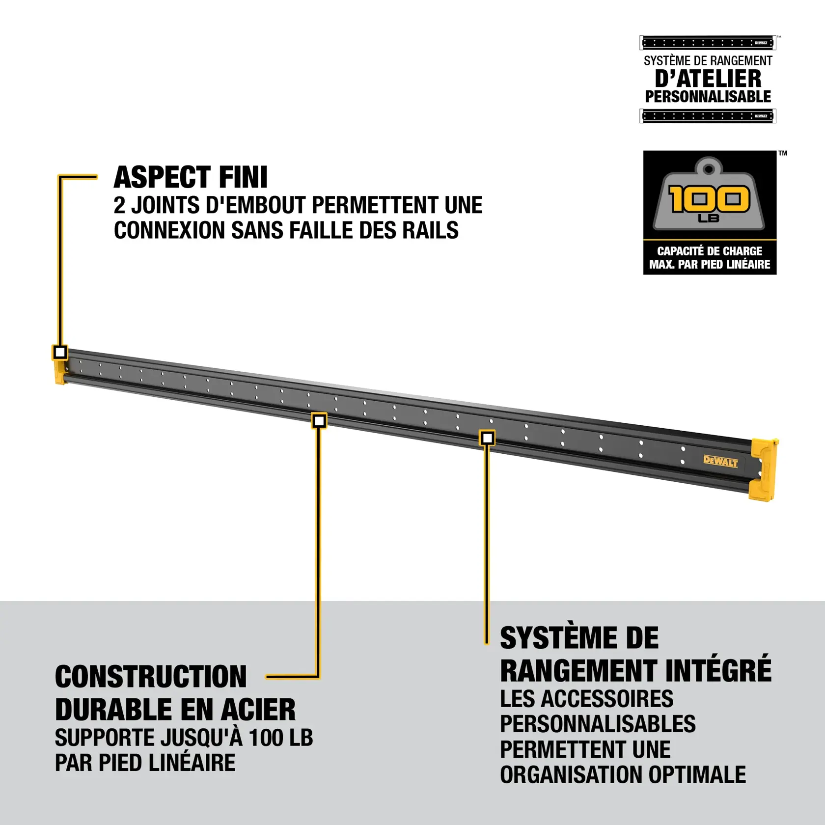 Image showing a DEWALT DWST82800 customizable workshop storage system rail. Highlights include two endcap joiners for a finished look, durable steel construction supporting up to 100 pounds per linear foot, and an integrated storage system with customizable accessories for optimal organization.