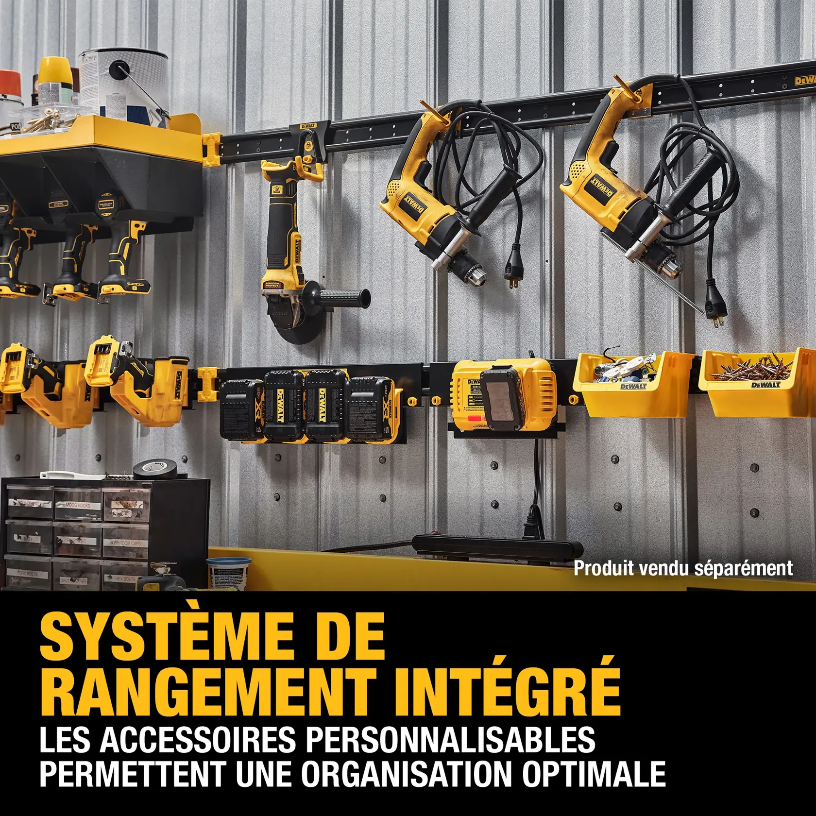 A DEWALT integrated storage system mounted on a metal wall, displaying various yellow and black power tools, batteries, chargers, and storage bins. The customizable accessories allow for organized storage of equipment and parts. The text highlights optimal organization and notes that products are sold separately.