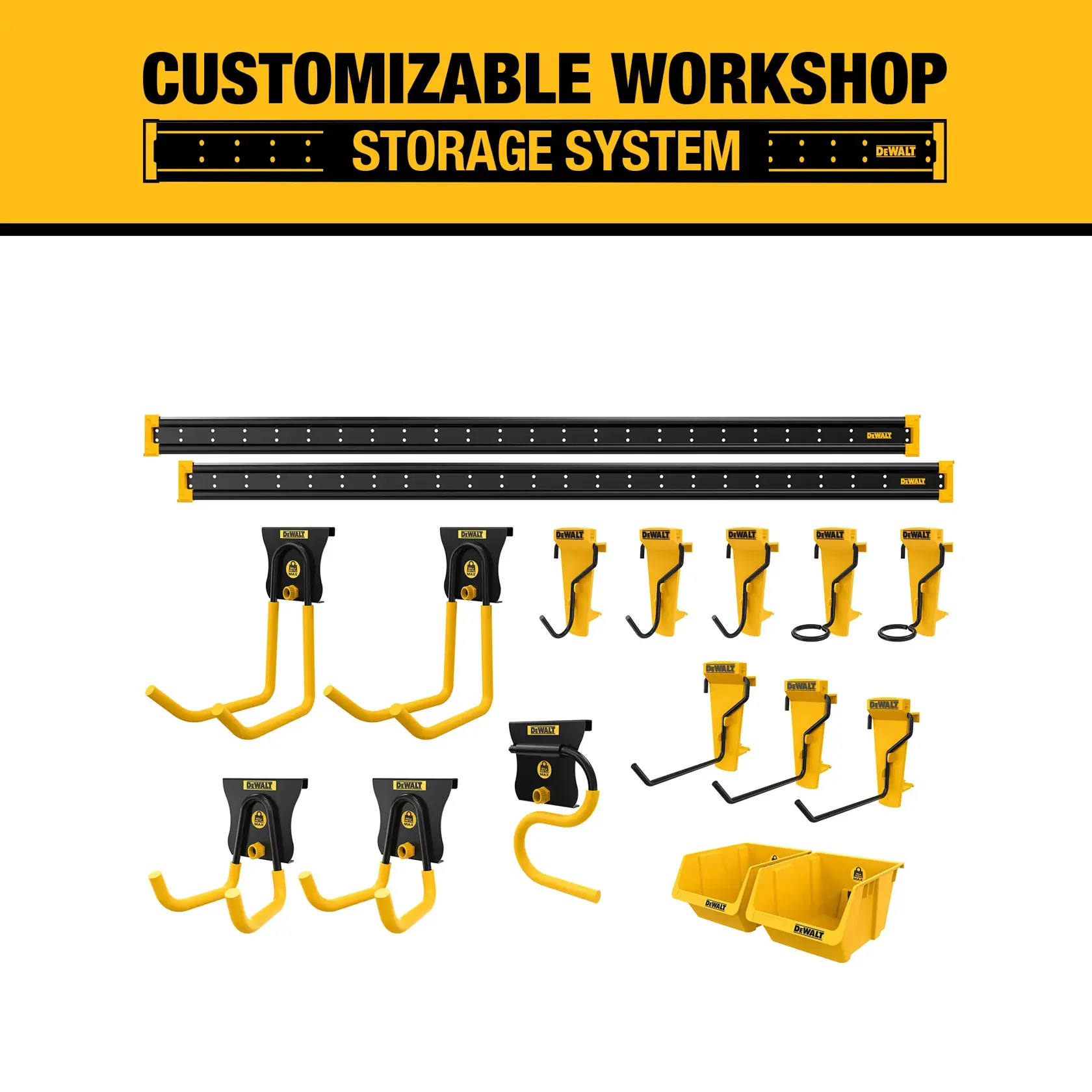 Image of the DEWALT customizable workshop storage system, showing various yellow and black hooks, baskets, and wall-mounted rails designed for organizing tools and accessories in a workshop.