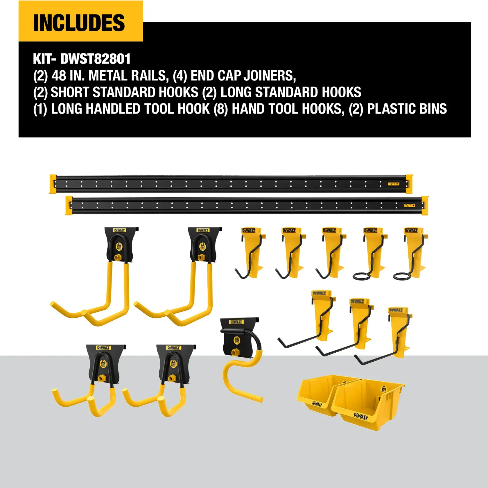 DEWALT DWST82801 kit contents displayed. Includes two 48-inch metal rails, four end cap joiners, two short standard hooks, two long standard hooks, one long handled tool hook, eight hand tool hooks, and two yellow plastic bins. All parts are shown laid out and organized.