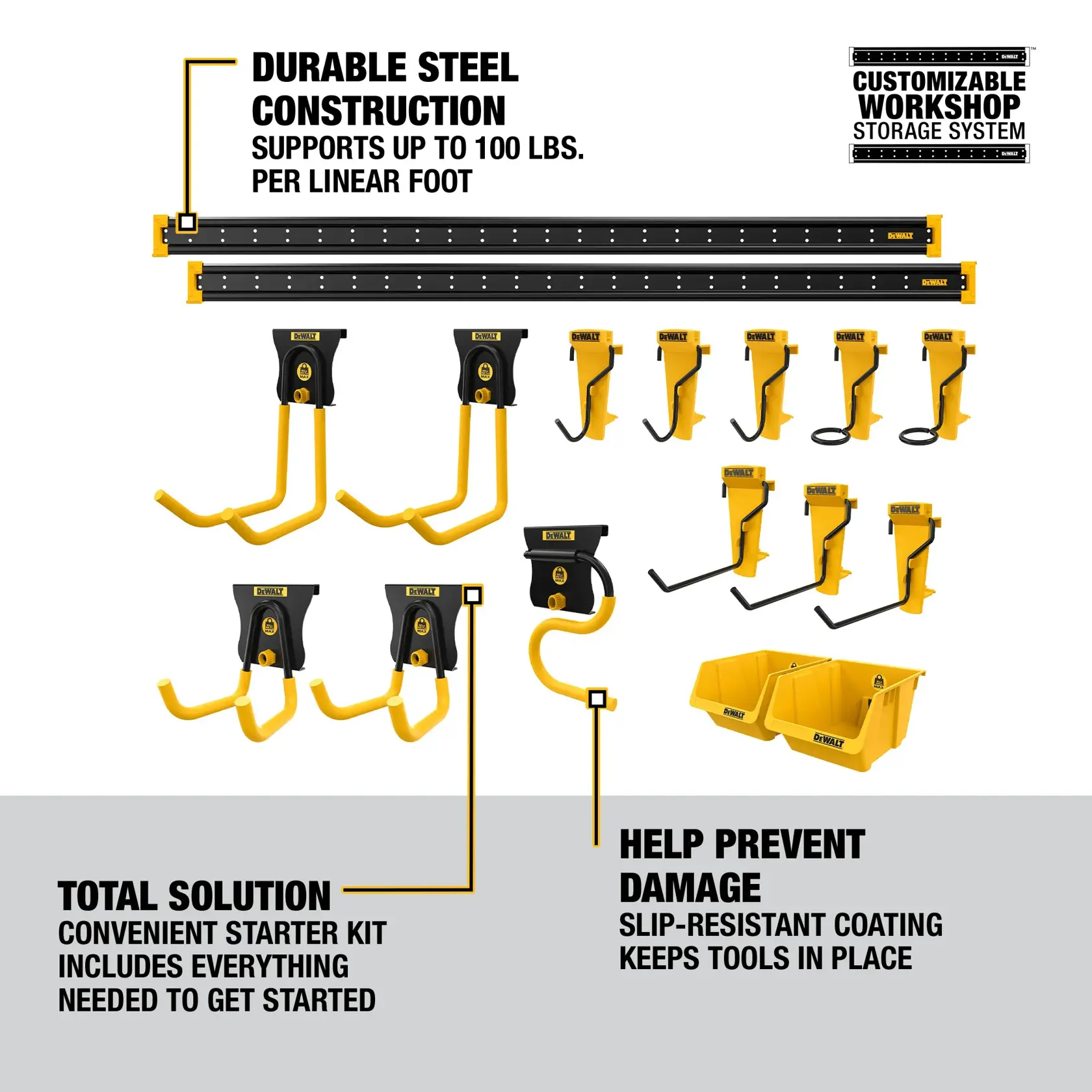 DEWALT customizable workshop storage system starter kit displayed with multiple metal rails, various hooks, brackets, and yellow bins. Features highlighted include durable steel construction supporting up to 100 lbs. per linear foot, slip-resistant coating to prevent tool damage, and a convenient kit including everything needed to get started.