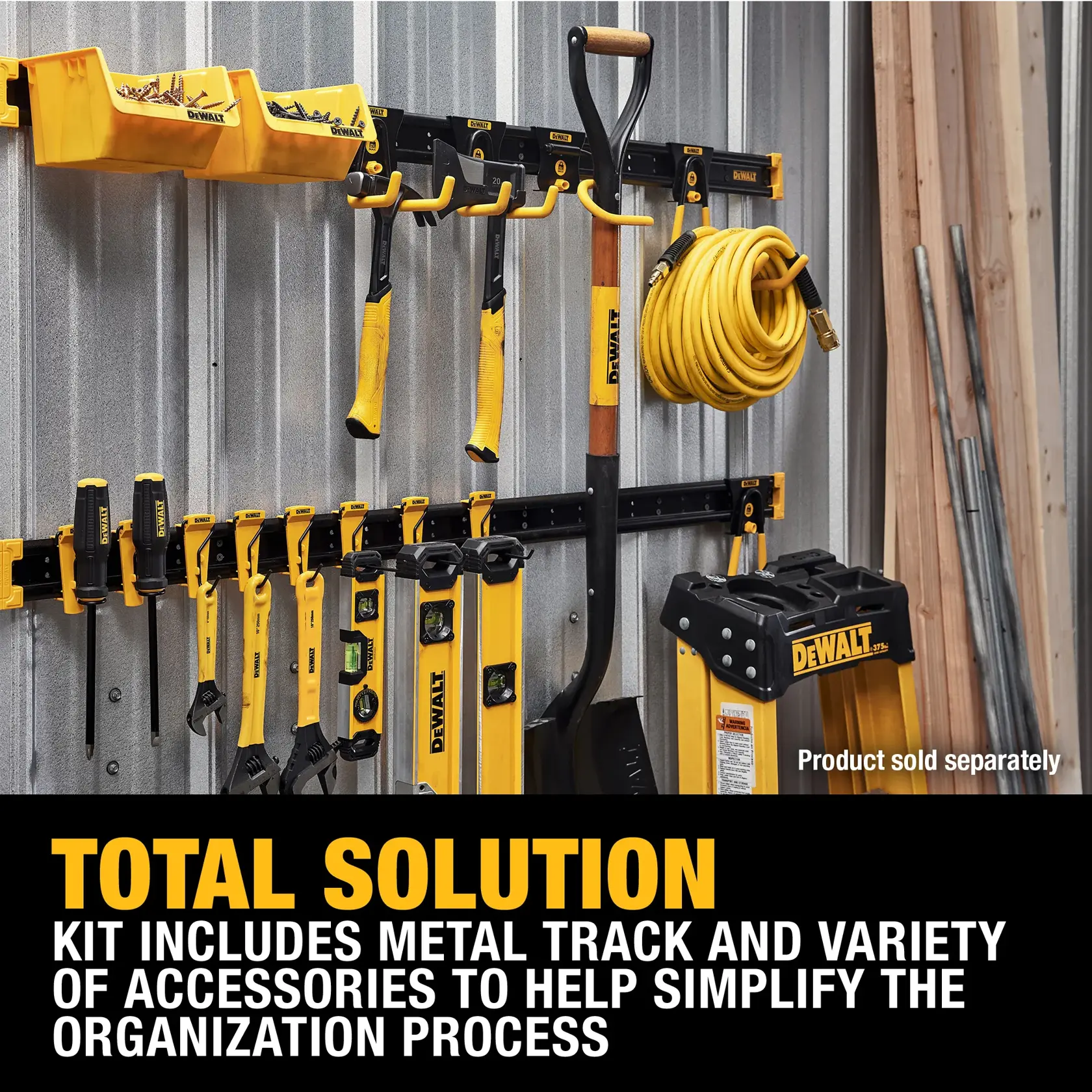 A DEWALT wall organization system is shown mounted on a metal wall. The kit includes a metal track and various yellow and black accessories, such as hooks, bins, and holders, organizing tools like hammers, levels, screwdrivers, a shovel, and a hose. The text on the image describes this storage kit as a total solution for organizing tools, though some products are sold separately.