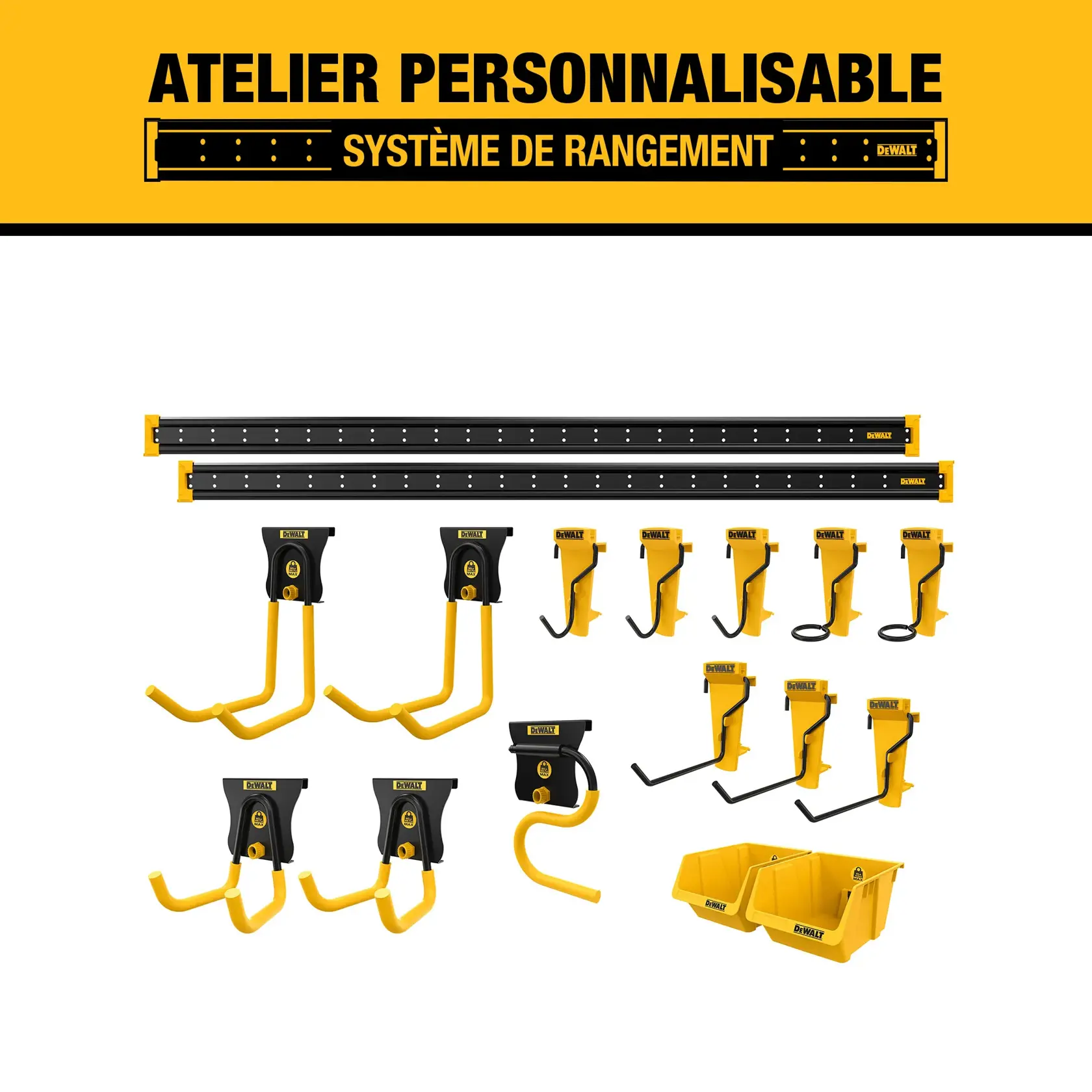 Image of the DEWALT customizable workshop storage system, showing various yellow and black hooks, baskets, and wall-mounted rails designed for organizing tools and accessories in a workshop.