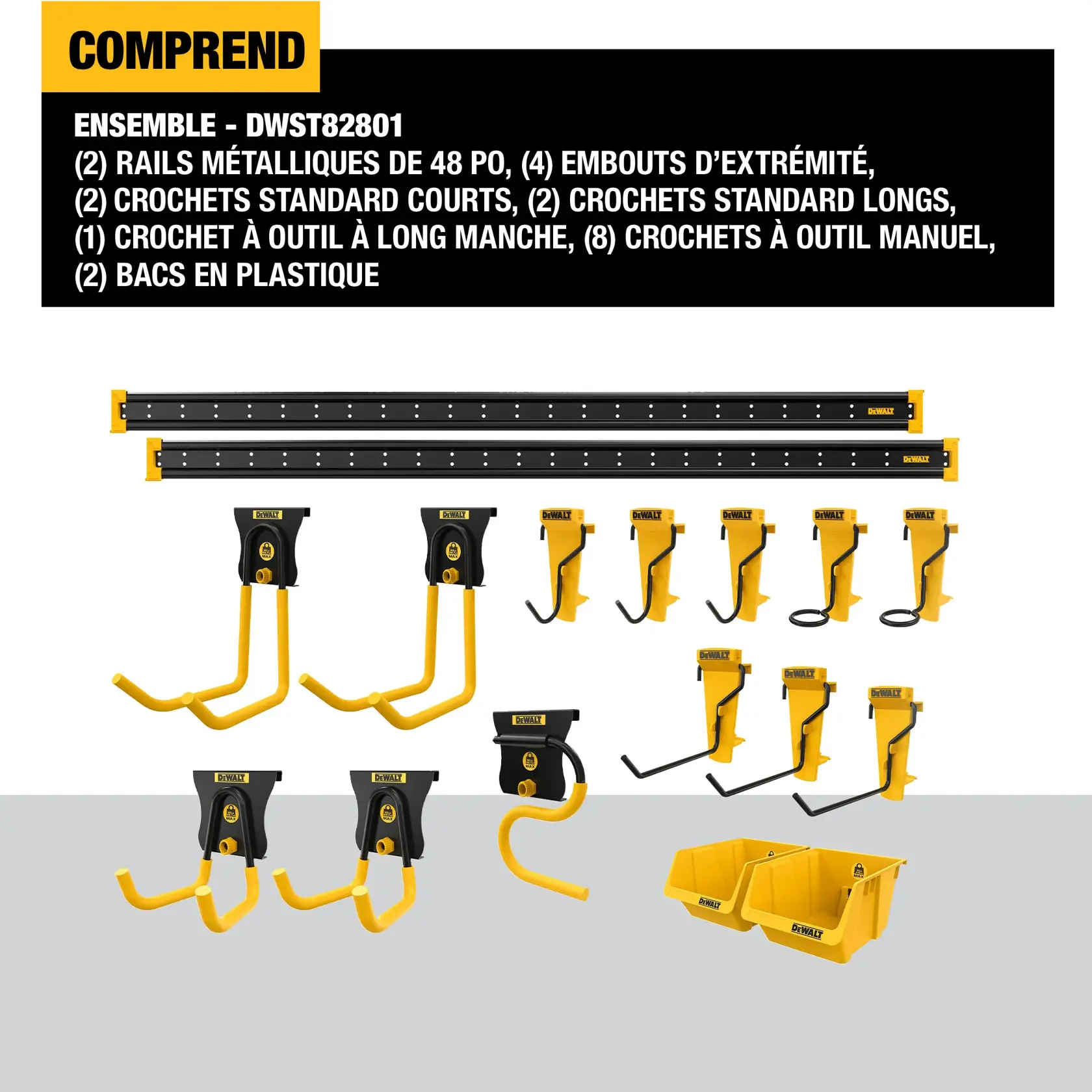 DEWALT DWST82801 kit contents displayed. Includes two 48-inch metal rails, four end cap joiners, two short standard hooks, two long standard hooks, one long handled tool hook, eight hand tool hooks, and two yellow plastic bins. All parts are shown laid out and organized.