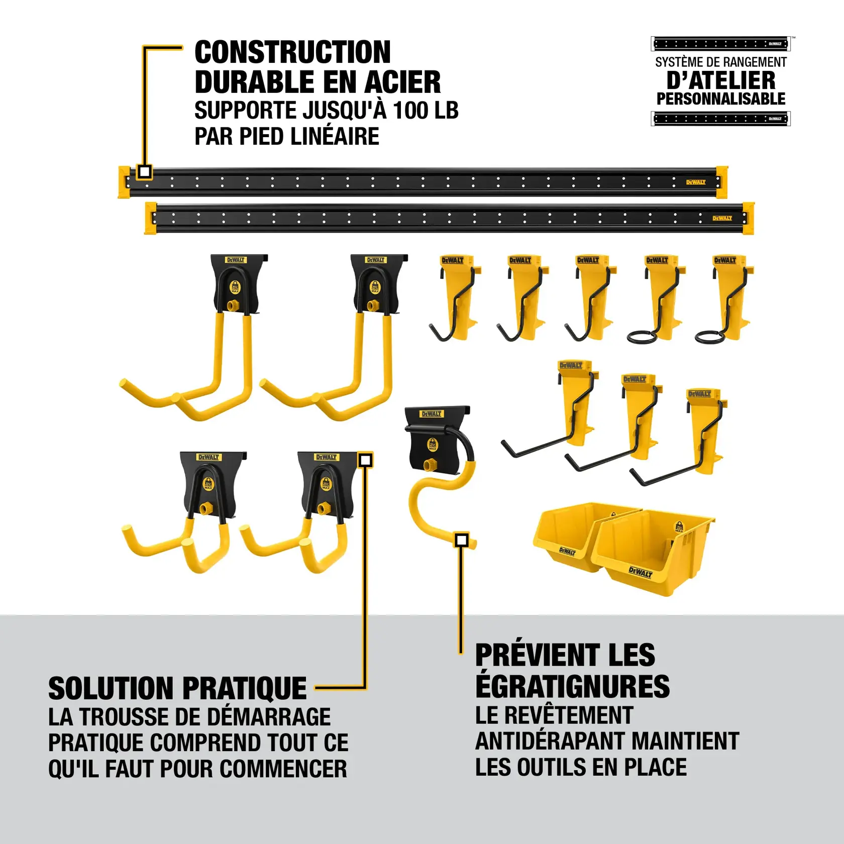 DEWALT customizable workshop storage system starter kit displayed with multiple metal rails, various hooks, brackets, and yellow bins. Features highlighted include durable steel construction supporting up to 100 lbs. per linear foot, slip-resistant coating to prevent tool damage, and a convenient kit including everything needed to get started.