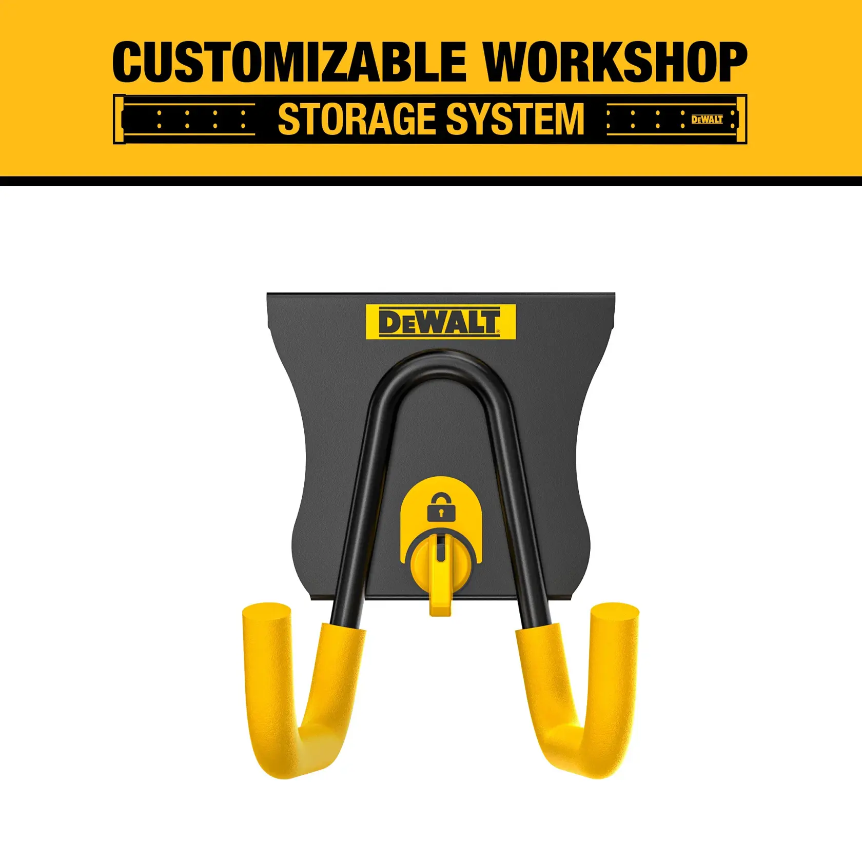 DEWALT customizable workshop storage system wall hook with yellow and black design, shown on a white background. The product features a dual-hook structure for organizing tools or equipment, and the DEWALT logo is visible at the top of the hook bracket.