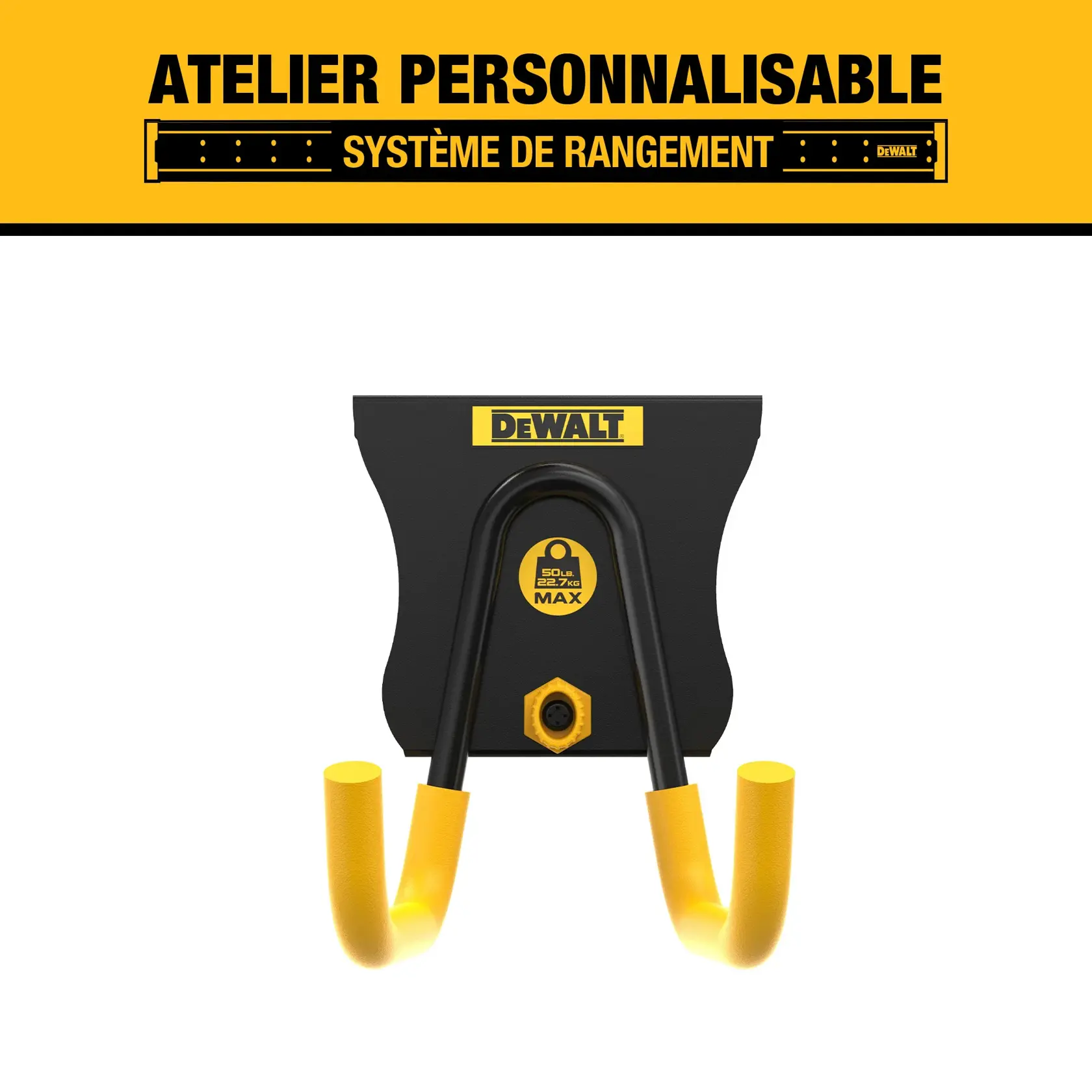DEWALT customizable workshop storage system wall hook with yellow and black design, shown on a white background. The product features a dual-hook structure for organizing tools or equipment, and the DEWALT logo is visible at the top of the hook bracket.