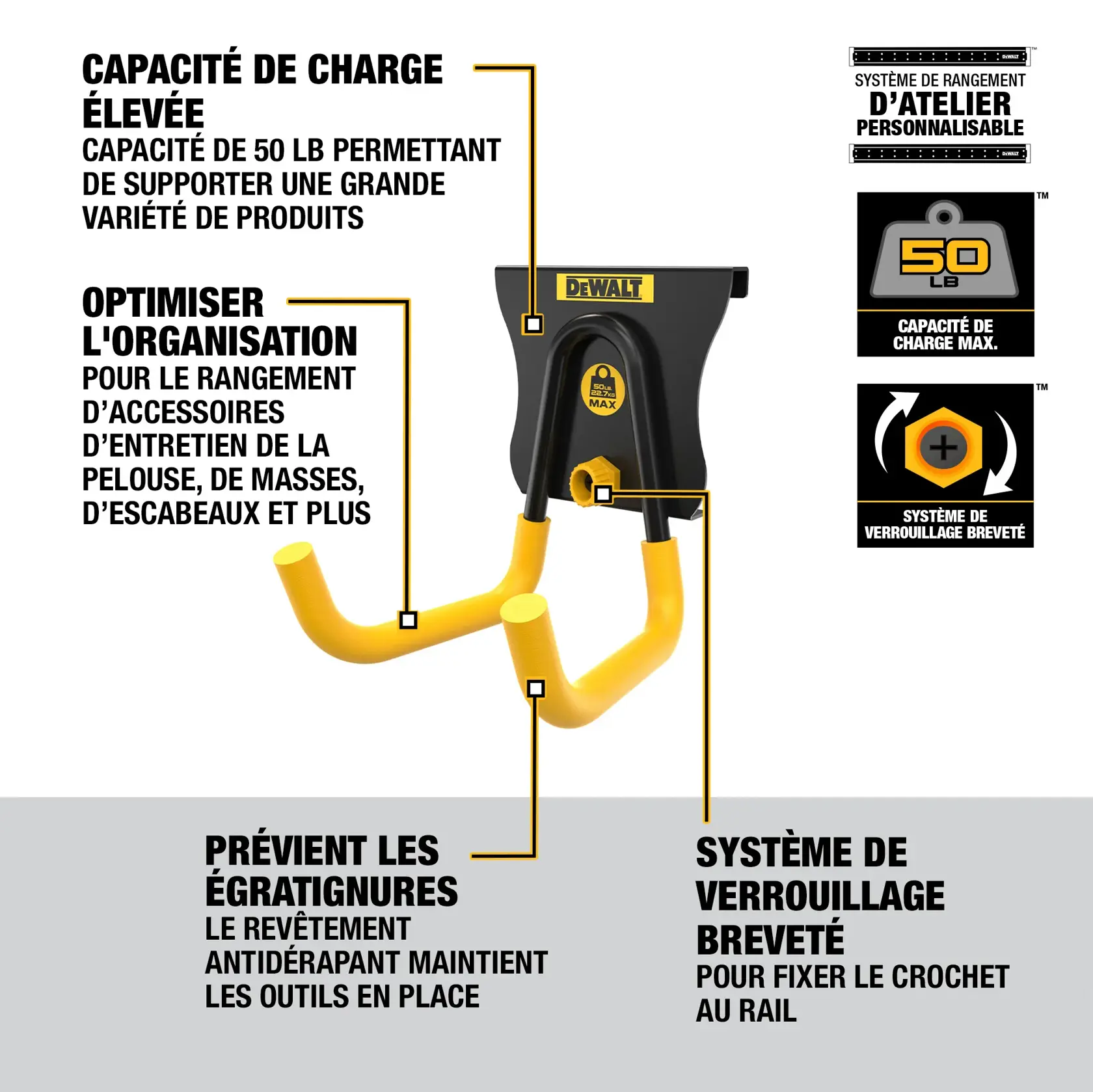 Image showing a DEWALT heavy-duty wall hook with yellow and black color, designed for customizable workshop storage. The hook supports up to 50 lbs, features a patented latching system for secure attachment, and slip-resistant coating to help prevent damage and keep tools in place. Text highlights its ability to store lawn equipment, sledge hammers, and other products.