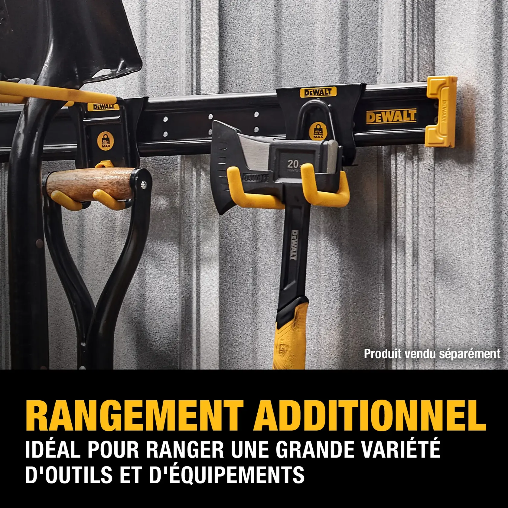 A DEWALT wall-mounted storage rail system holding various tools, including a shovel and an axe, in a metal-walled setting. The system offers added storage ideal for organizing a wide variety of tools and equipment. Text states 'Product sold separately' and highlights added storage benefits.