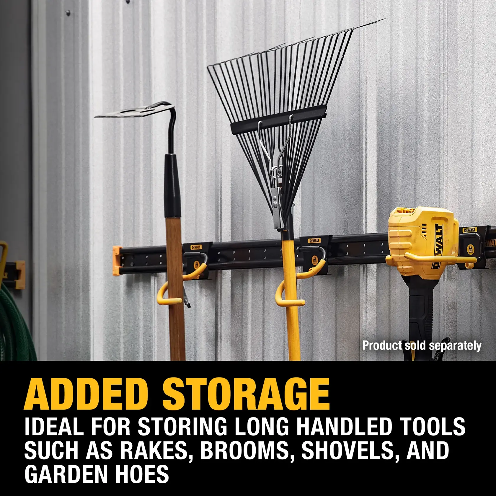 A DEWALT wall-mounted storage system holding long-handled tools such as a rake, hoe, and a power tool, installed on a corrugated metal wall. Text describes added storage ideal for rakes, brooms, shovels, and garden hoes.