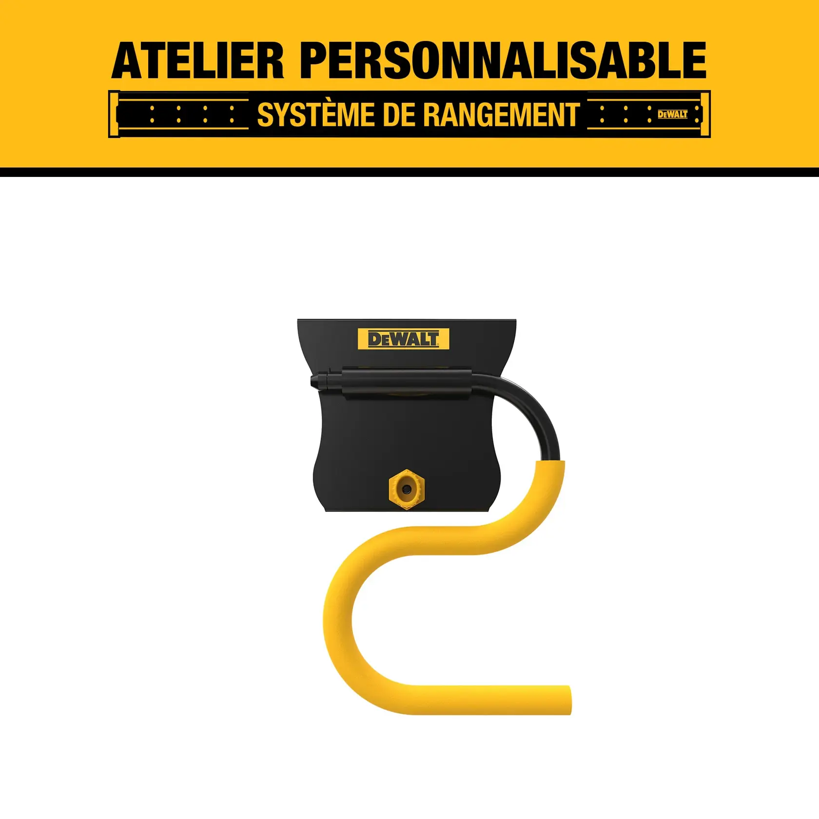 DEWALT customizable workshop storage system featuring a yellow and black wall-mounted hook with a maximum weight capacity of 25 lbs (11.3 kg).