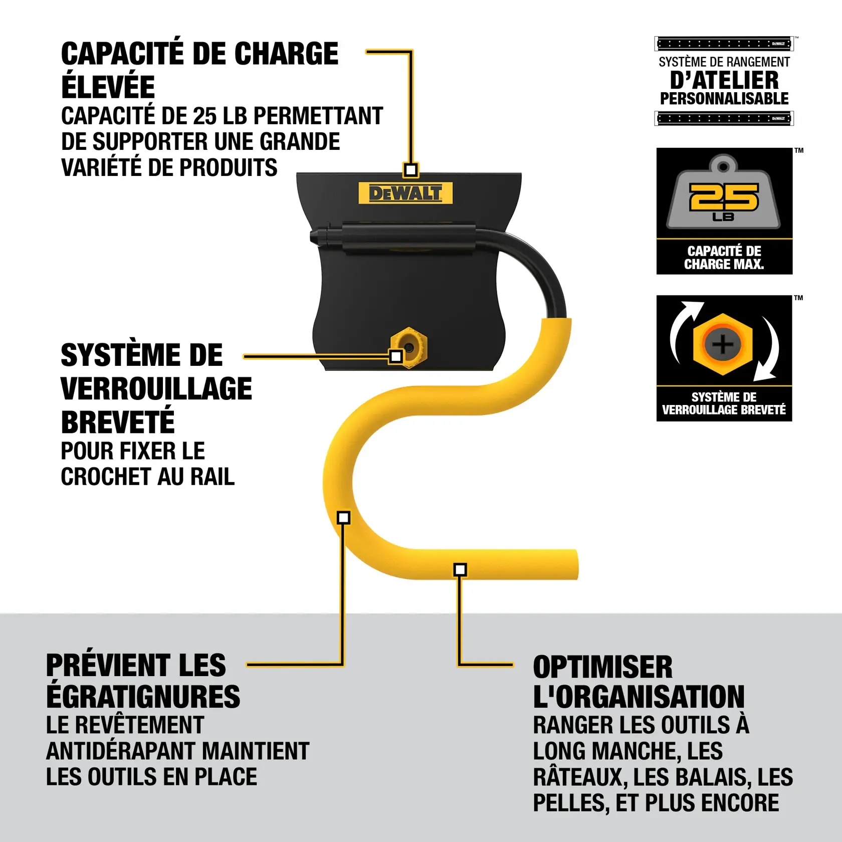 Promotional graphic for the DEWALT DWST82808 workshop storage hook. Shows a yellow and black heavy-duty hook with several callouts: heavy-duty capacity supports up to 25 lbs for a variety of products, patented latching system secures the hook to the rail, slip-resistant coating helps prevent damage and keeps tools in place, optimizes organization by storing long-handled tools, rakes, brooms, shovels, and more. Also highlights customizable workshop storage system, max load capacity, and the patented latching system.
