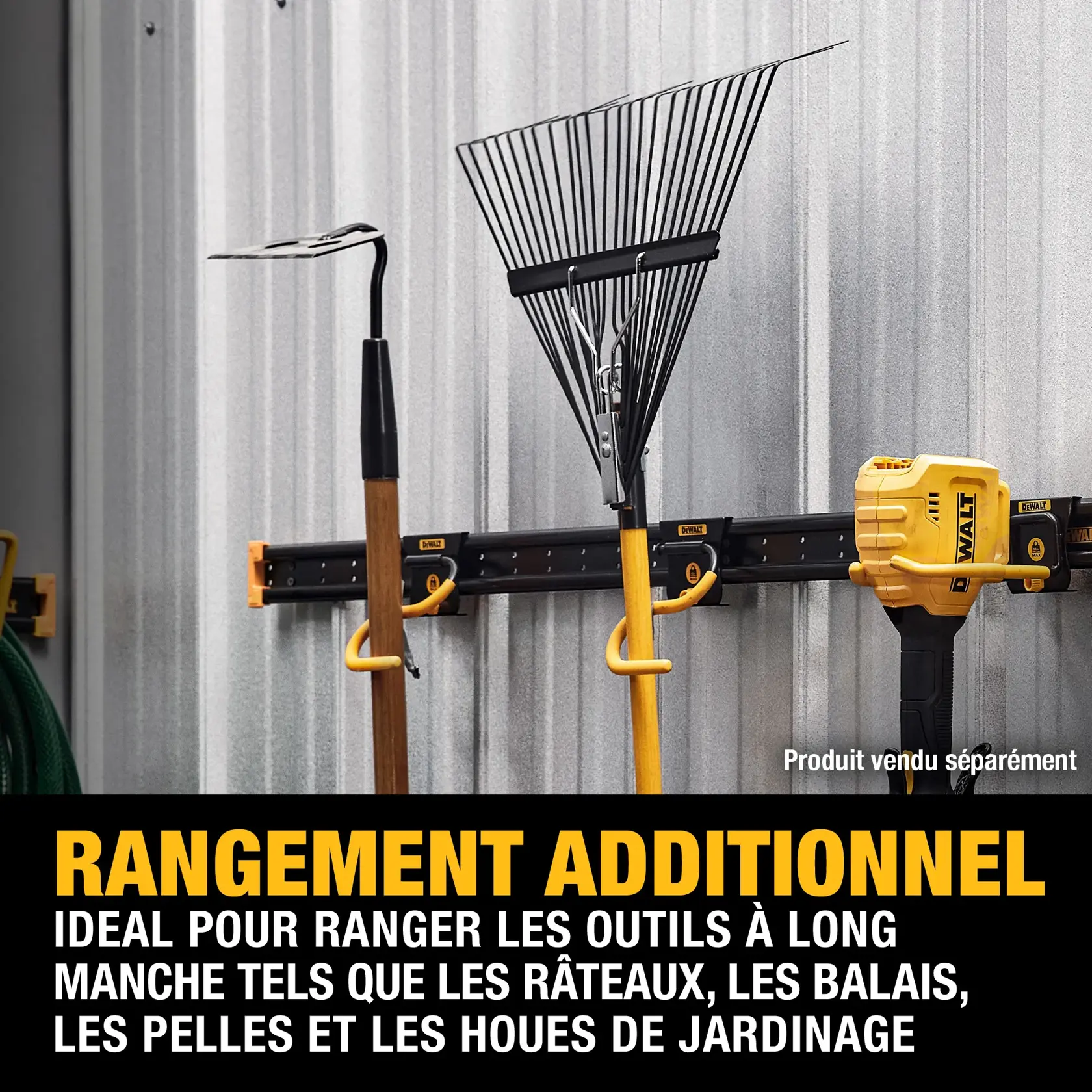 A DEWALT wall-mounted storage system holding long-handled tools such as a rake, hoe, and a power tool, installed on a corrugated metal wall. Text describes added storage ideal for rakes, brooms, shovels, and garden hoes.