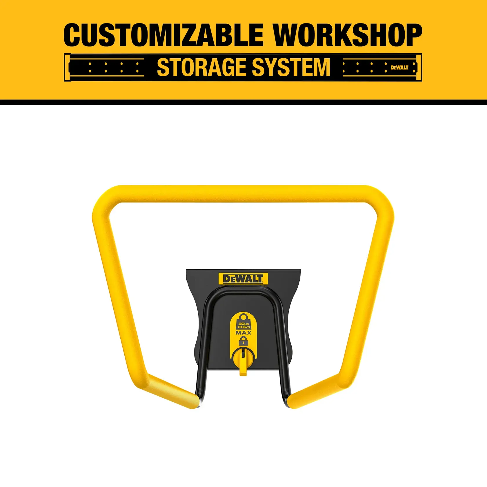 DEWALT customizable workshop storage system graphic, showing a yellow and black wall-mounted bracket with a label indicating 10 kg maximum load.