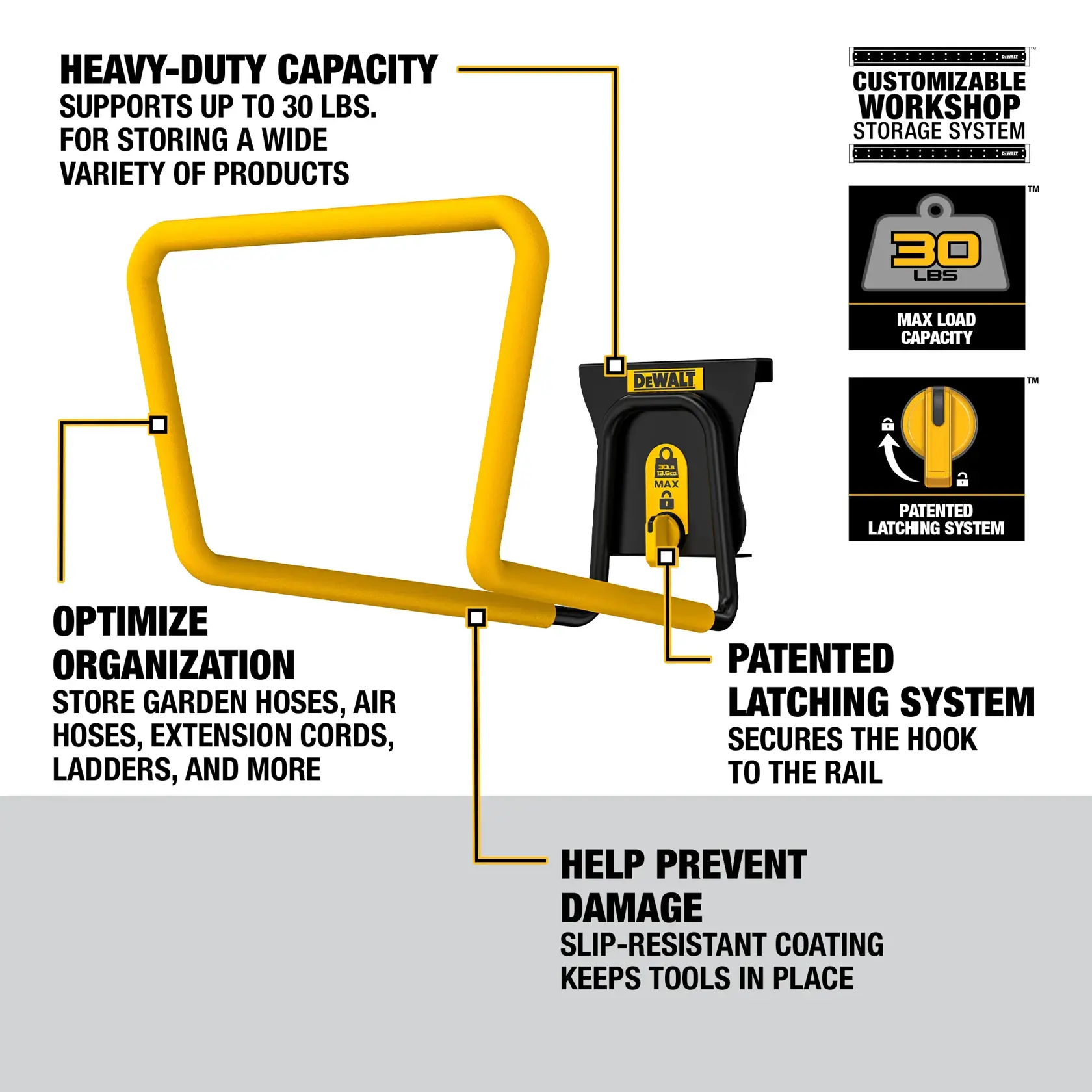 Product image showing a DEWALT heavy-duty storage hook with yellow slip-resistant coating and patented latching system for customizable workshop storage. Supports up to 30 lbs and is ideal for organizing garden hoses, extension cords, ladders, and other products.